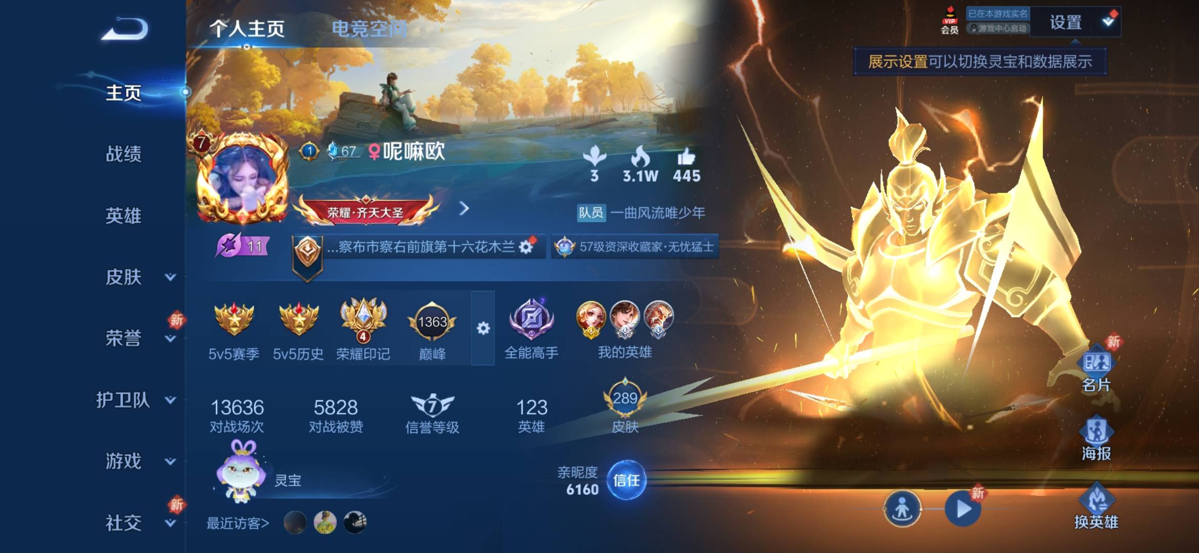 王者荣耀账号安卓QQ 123英雄 289皮肤 可修改实名 荣耀水晶：九霄神辉(木兰典藏),全息碎影(猴子典藏) 传说皮：