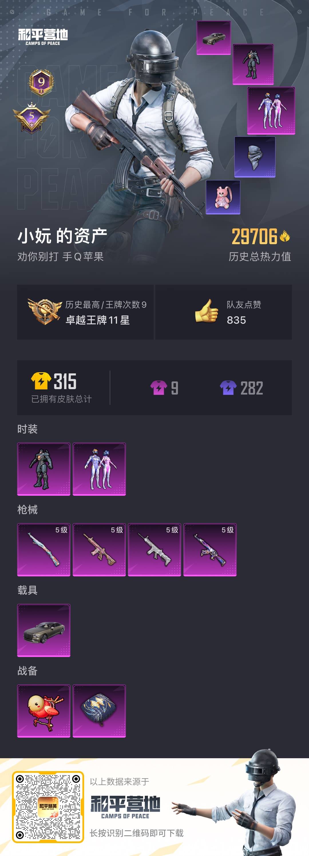 [9115977]2粉装 4特效枪 1载具 9印记 可二次 身法装备：都市猎人,暗影哥特（红眼罩）,萌熊伴侣背包(粉熊背包) 热门装扮：梦幻火箭(新101)(新火箭少女101粉色套装),复仇流浪者,