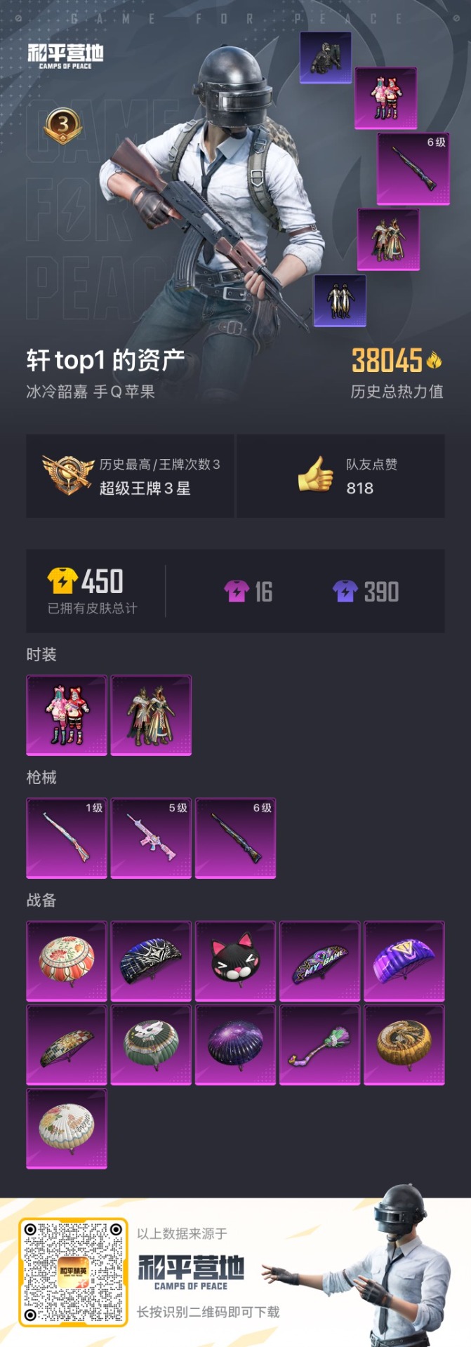 [9118464]2粉装 3特效枪 3印记 可二次 可修改实名 热门装扮：华贵君王,俏皮狐尾,蔷薇魔法师,鹰眼刺客,呆萌铁蟹 稀有枪皮：Kar98K-巳巳如意,M416电玩时刻,M24星之信仰 六级