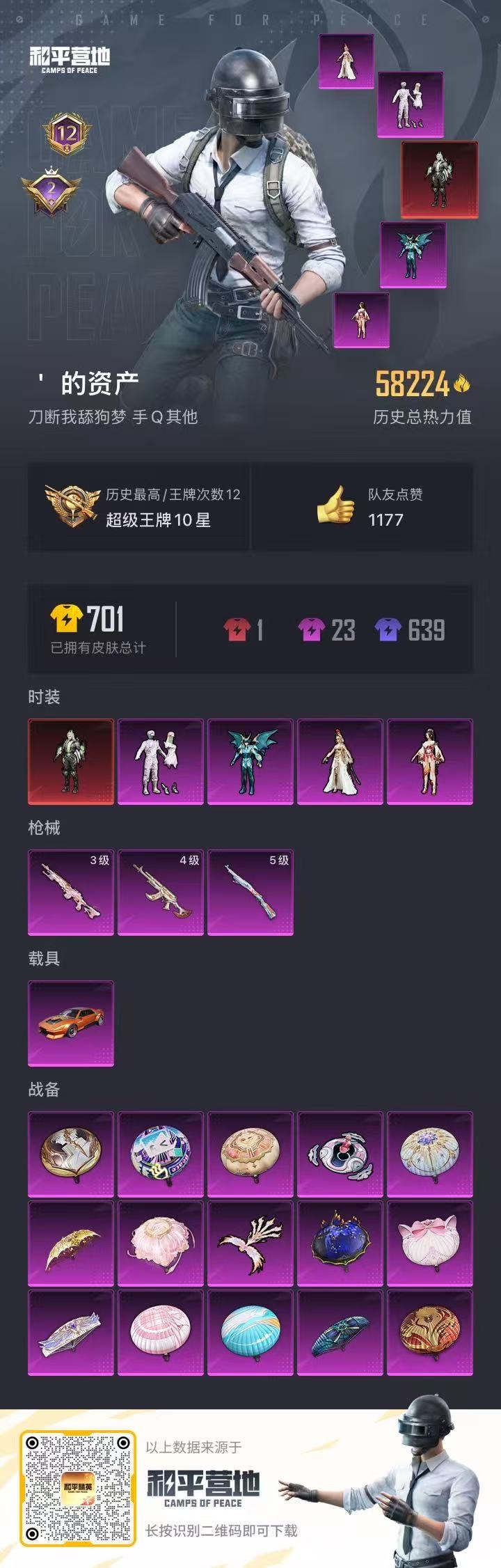 [9121392]1红装 4粉装 3特效枪 1载具 12印记 可二次 可修改实名 三级神装：三级幽焰骑士-维塔(3级维塔) 三级神装：三级幽焰骑士-维塔(3级维塔) 时装数：444 枪械数：169 