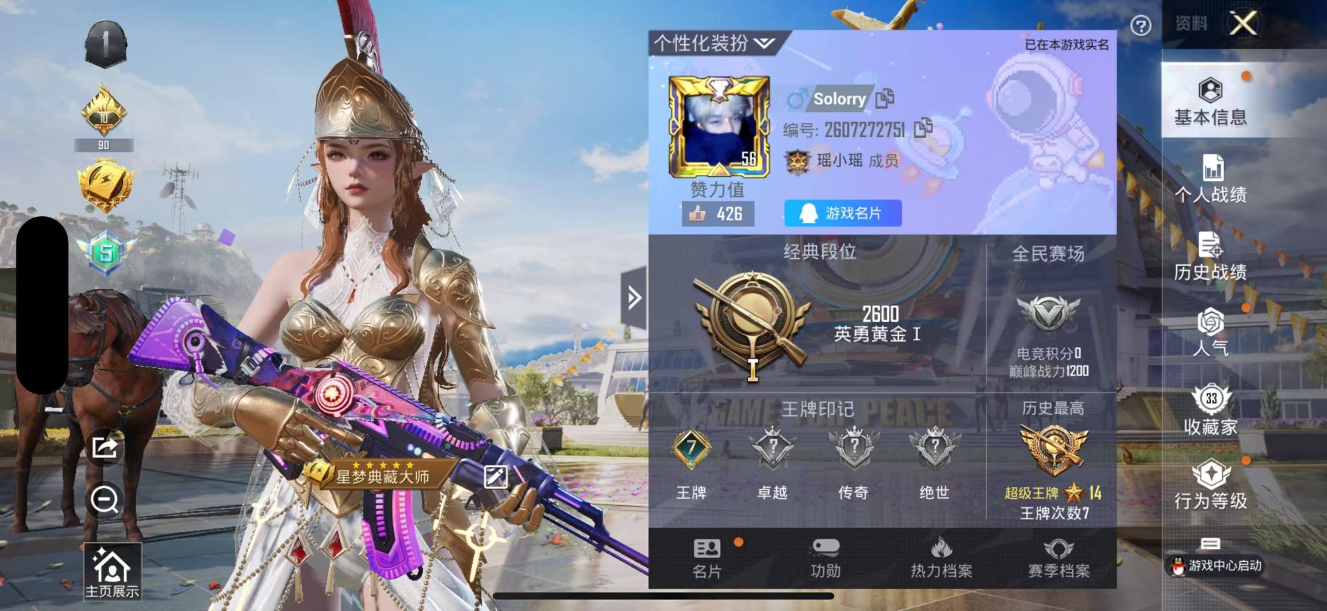 [9123723]2粉装 2特效枪 7印记 可二次 可修改实名 热门装扮：萨利娅,电磁星 稀有枪皮：Kar98K-巳巳如意,M416电玩时刻 五级特效枪：五级Kar98K-巳巳如意,五级M416-电