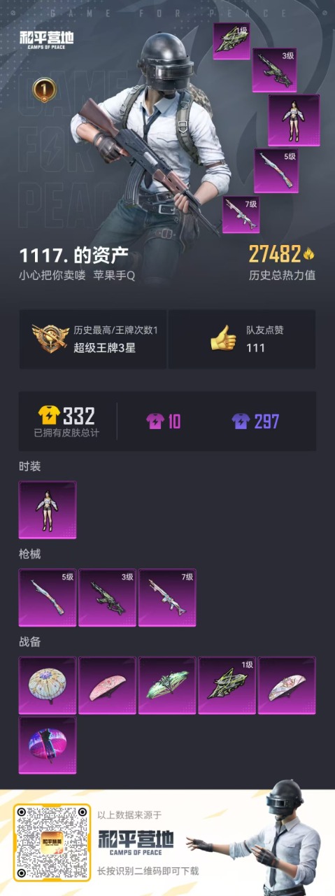 [9131639]1粉装 3特效枪 1印记 可二次 热门装扮：时空协奏·回响 稀有枪皮：AKM-幽焰骑士,Kar98K-巳巳如意,Mk14精灵梦叶罗丽 七级特效枪：七级Mk14-精灵梦叶罗丽 五级特