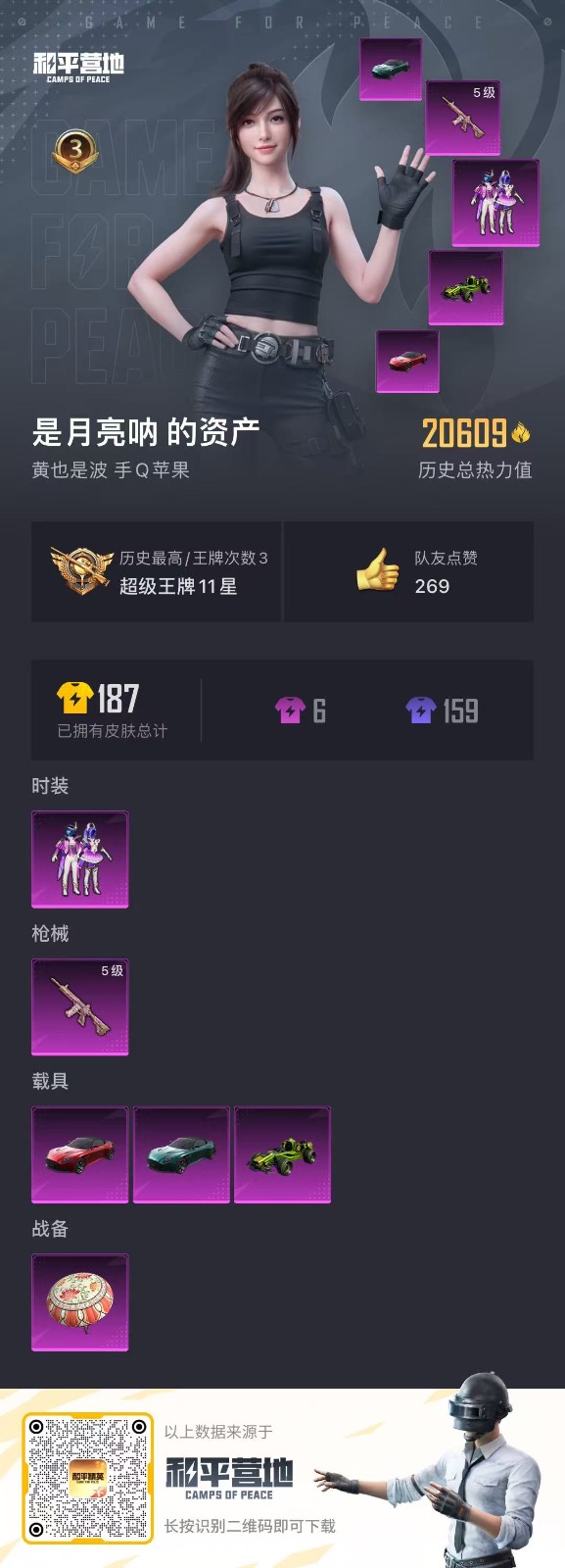 [9141316]1粉装 1特效枪 3载具 3印记 可二次 可修改实名 时装数：137 枪械数：55 战备数：3 热门装扮：极致幻想,浪漫波比 载具：合金龙骨（绿）,阿斯顿·马丁DBS(红),阿斯顿