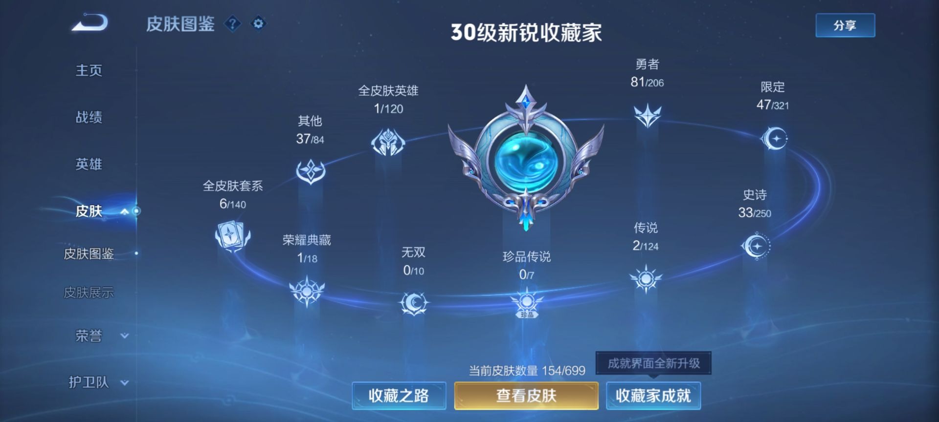 [9141833]V6 1典藏 2传说 122英雄 154皮肤 可修改实名 荣耀水晶：神鉴启示录 传说皮：幻光神枪,久胜战神 珍宝阁皮：玩趣恶龙 限定皮：青龙志(铠年限),梁祝,天狼溯光者,李小龙,