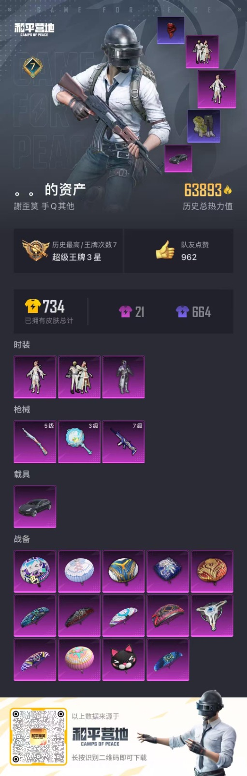 [9147068]3粉装 3特效枪 1载具 7印记 可二次 时装数：512 枪械数：189 战备数：1 热门装扮：月影灵韵,幻影战神,筑梦精灵,梦魇先生,暗夜魅影 载具：特斯拉Model 3(冷光银