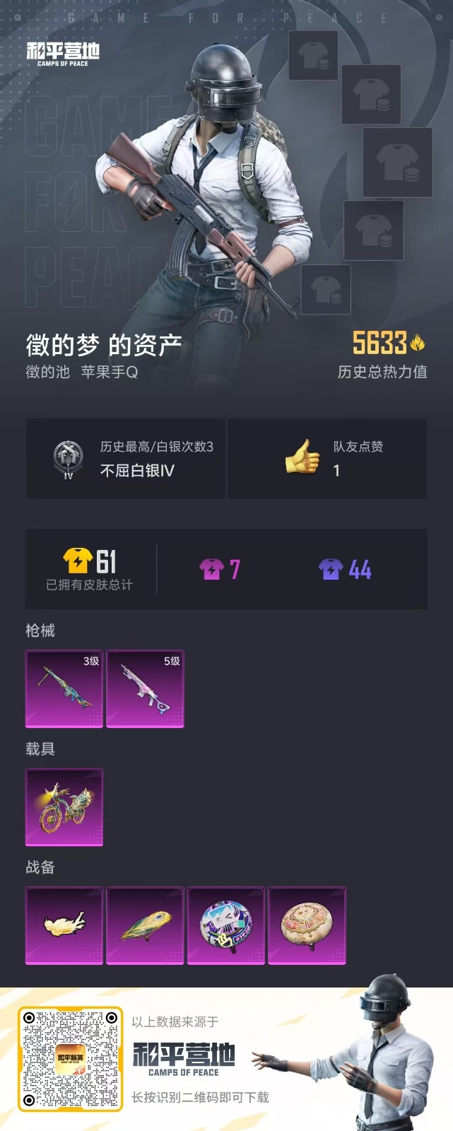 [9147482]0粉装 2特效枪 1载具 0印记 可二次 可修改实名 时装数：24 枪械数：19 战备数：1 载具：辉羽雀灵自行车 稀有枪皮：14-甜梦熊击,MG3-辉羽雀灵 五级特效枪：五级14