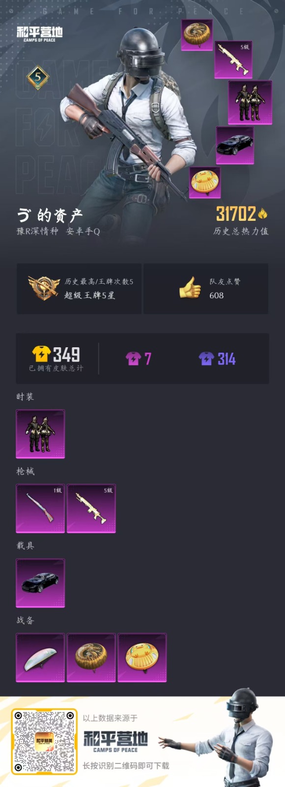 [9148337]1粉装 2特效枪 1载具 5印记 可二次 可修改实名 时装数：234 枪械数：92 战备数：1 热门装扮：暗夜鎏金 载具：玛莎拉蒂Quattroporte(夜幕蓝) 稀有枪皮：Ka
