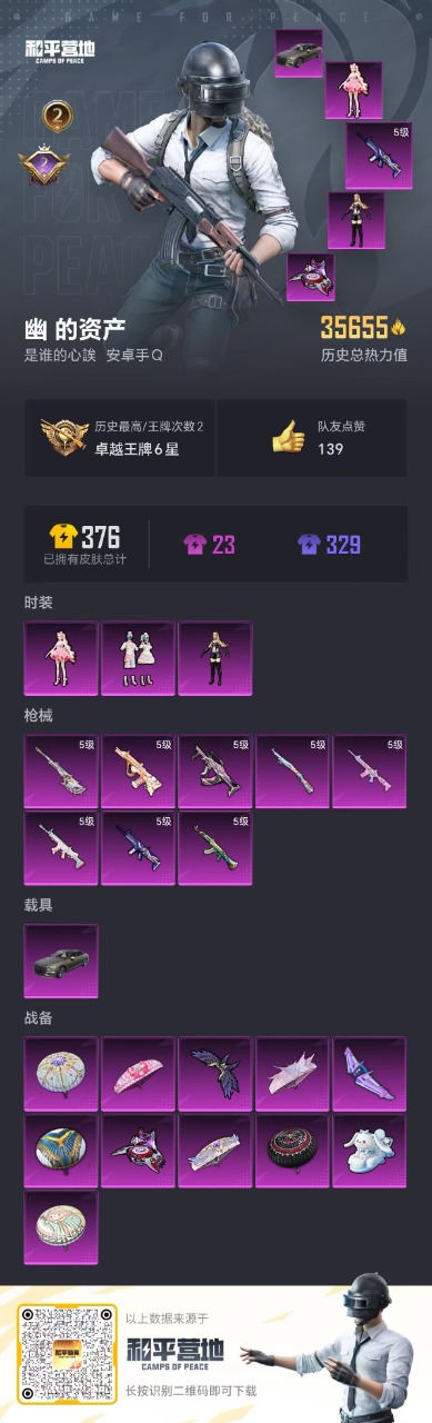 [9152354]3粉装 8特效枪 1载具 2印记 可二次 可修改实名 热门装扮：樱桃泡泡,蔷薇星,蜜语绒猫,迅捷狂鲨 载具：宾利飞驰(布罗德盖棕双色) 稀有枪皮：GROZA-镜光银凌,Kar98K