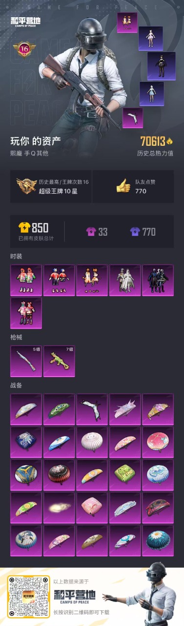 [9153573]6粉装 2特效枪 16印记 可二次 热门装扮：冰霜白皇,俏皮狐尾,橘柚倾心,音爆索尼克,炫光之旅,暗夜玫瑰,暗夜魅影 稀有枪皮：Kar98K-巳巳如意,UMP45恐龙拽拽 七级特效