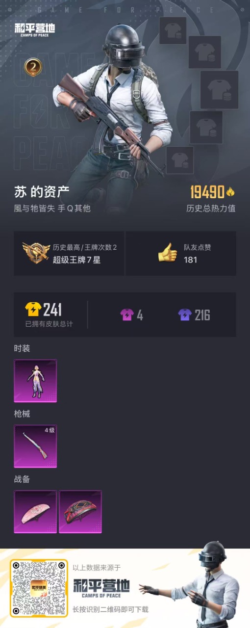 [9154637]1粉装 1特效枪 2印记 可二次 时装数：188 枪械数：61 战备数：0 热门装扮：金域紫灵 稀有枪皮：Kar98K-巳巳如意 四级特效枪：四级Kar98K-巳巳如意 紫色装扮：