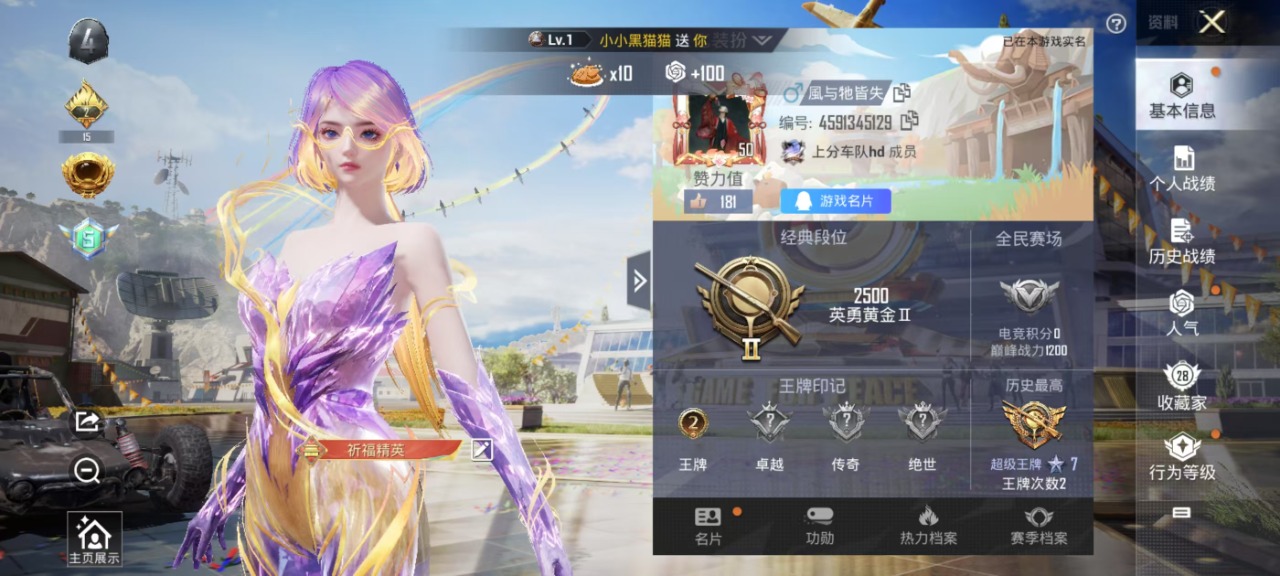 [9154637]1粉装 1特效枪 2印记 可二次 时装数：188 枪械数：61 战备数：0 热门装扮：金域紫灵 稀有枪皮：Kar98K-巳巳如意 四级特效枪：四级Kar98K-巳巳如意 紫色装扮：