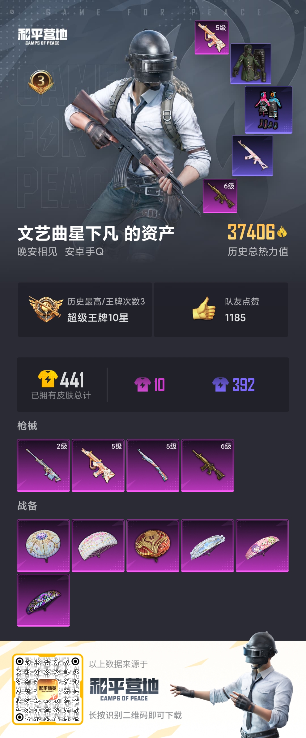 [9165699]4特效枪 3印记 可二次 可修改实名 热门装扮：神秘黑猫,暗夜魅影 稀有枪皮：Kar98K-巳巳如意,AUG-暖羊咩咩,AMR-智耀战神,M416五爪金龙 六级特效枪：六级M416
