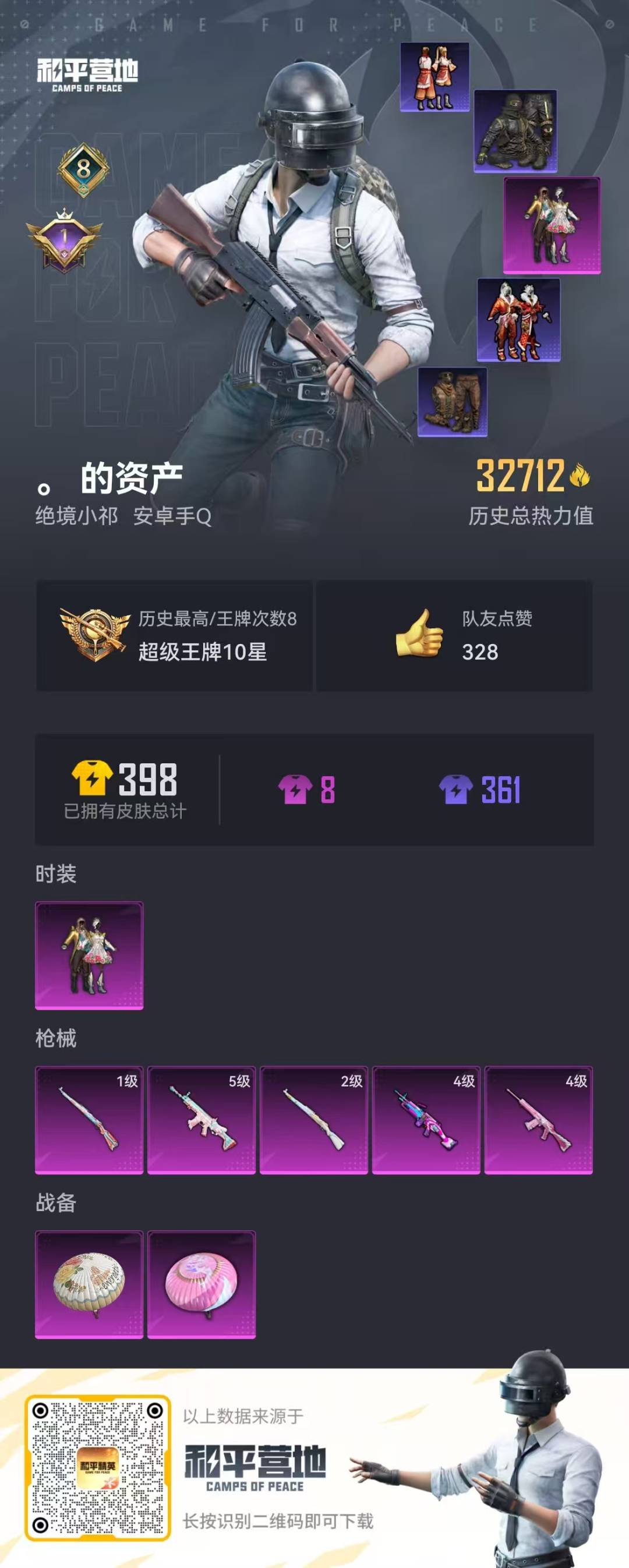 [9168365]1粉装 5特效枪 8印记 可二次 可修改实名 热门装扮：蝶舞迷情 稀有枪皮：Kar98K-巳巳如意,M249蓝莓炮弹,S12K海渊国主,Kar98K未来歌姬,SCAR-L-锦绣绵绵