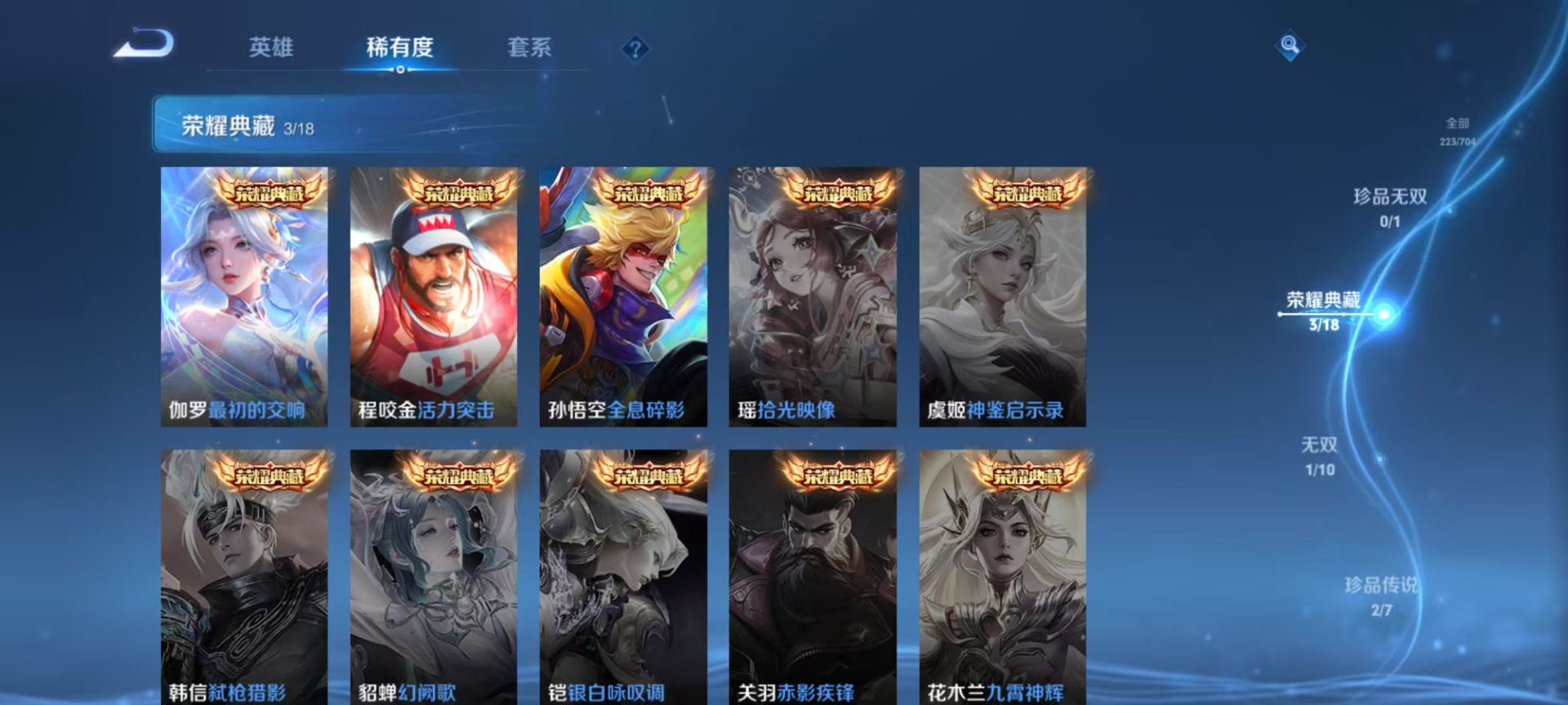[9170237]V8 3典藏 1无双 2珍品传说 14传说 122英雄 223皮肤 可修改实名 全场禁言至11月26日 荣耀水晶：最初的交响(伽罗典藏),全息碎影(猴子典藏),活力突击 无双皮：雪
