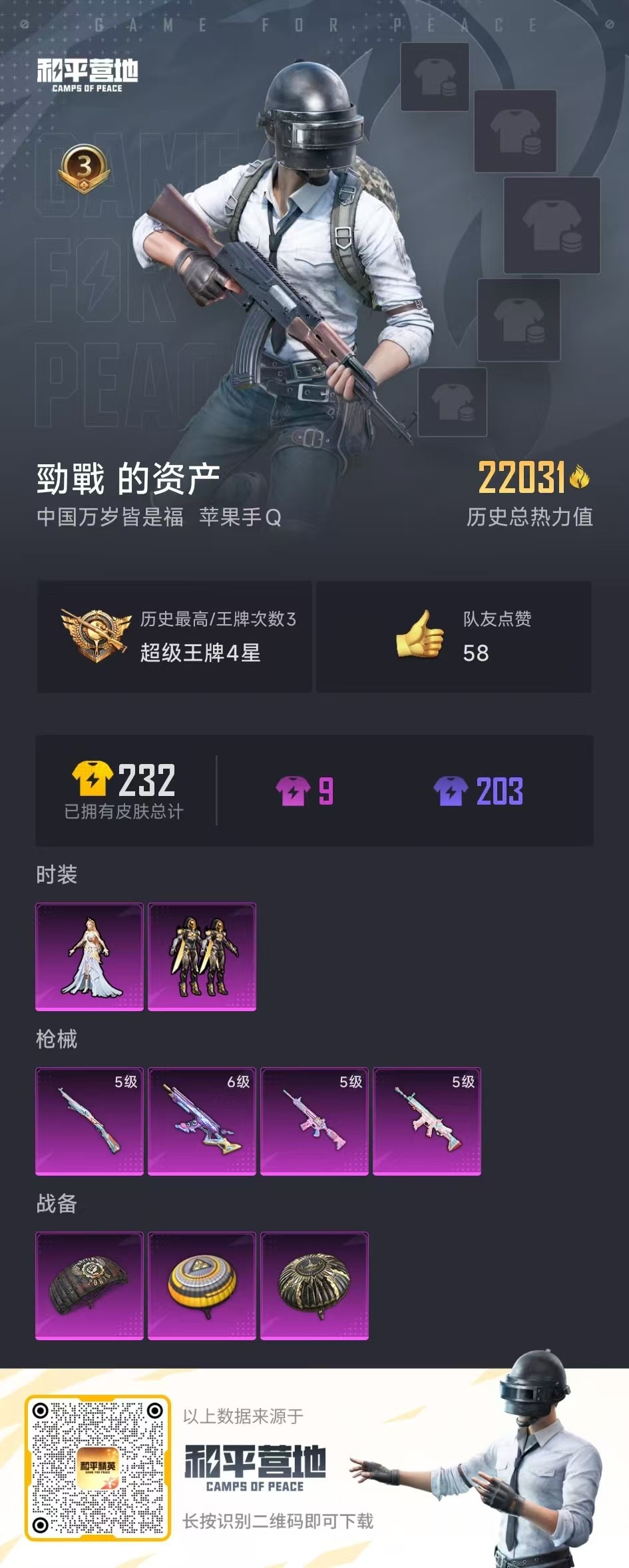 [9172469]2粉装 4特效枪 0载具 3印记 可二次 可修改实名 时装数：199 枪械数：68 战备数：0 热门装扮：智耀战神,创世·救赎,呆萌铁蟹,深海小丑鱼,东方飞龙 稀有枪皮：Kar98