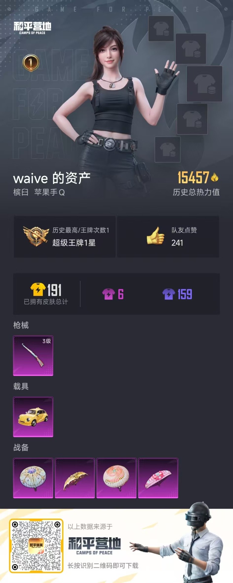 [9173428]1特效枪 1载具 1印记 可二次 可修改实名 热门装扮：大橘为重 载具：越野奶龙龙 稀有枪皮：Kar98K-巳巳如意 三级特效枪：三级Kar98K-巳巳如意 紫色装扮：蜜桃派对,S