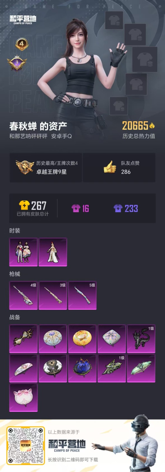 [9187679]2粉装 3特效枪 4印记 可二次 可修改实名 热门装扮：萨利娅,星穹咏叹调 稀有枪皮：Kar98K-巳巳如意,AMR-智耀战神,M24镜域双华 五级特效枪：五级Kar98K-巳巳如