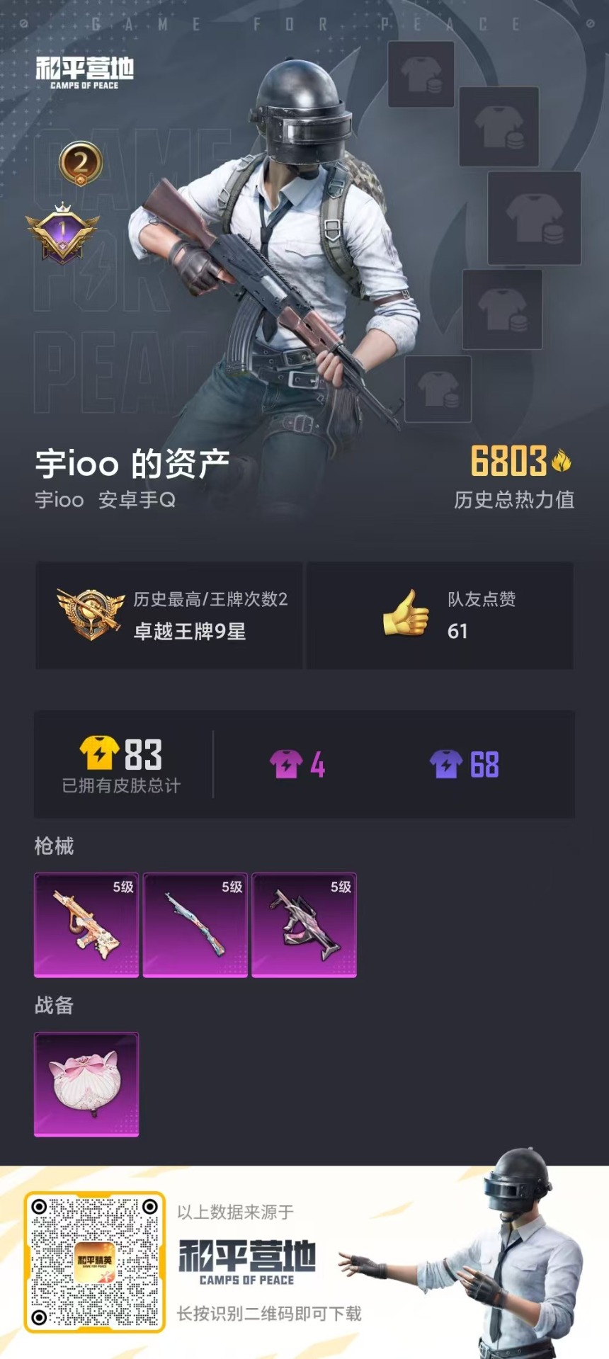 [9188232]0粉装 3特效枪 0载具 2印记 可二次 游戏信用分101 有设备脸 时装数：43 枪械数：22 战备数：0 稀有枪皮：GROZA-镜光银凌,Kar98K-巳巳如意,AUG-暖羊咩