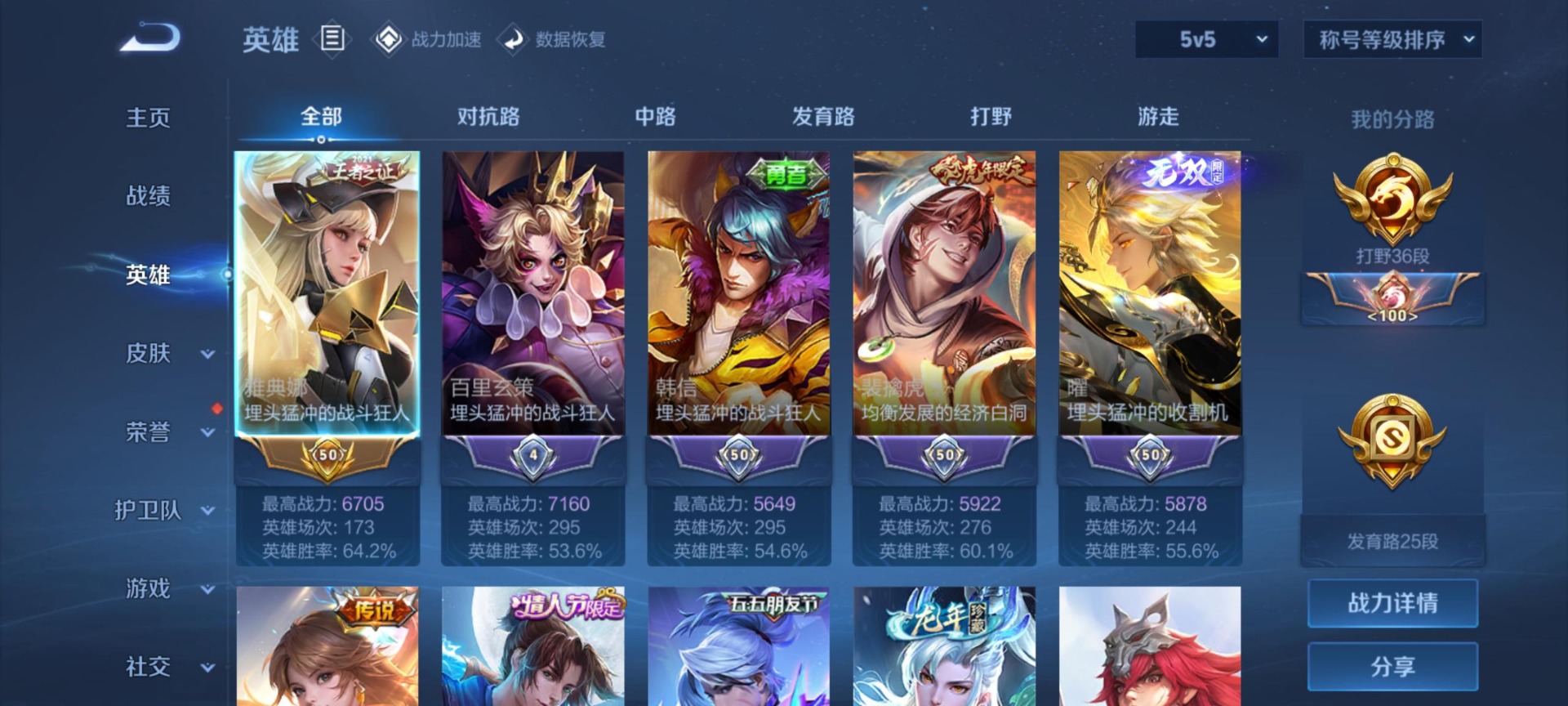 [9189291]V8 2典藏 1无双 2珍品传说 15传说 64英雄 38皮肤 可修改实名 女号 荣耀水晶：鸣剑·曳影,弑枪猎影(韩信典藏) 无双皮：器灵·螭龙剑 珍品传说：怪盗基德,大耳狗之梦 