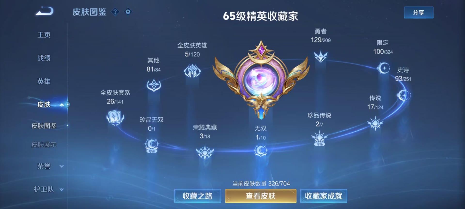 [9189522]V9 3典藏 1无双 2珍品传说 17传说 124英雄 326皮肤 可修改实名 荣耀水晶：最初的交响(伽罗典藏),鸣剑·曳影,弑枪猎影(韩信典藏) 无双皮：韩信群星魔术团(韩信无双