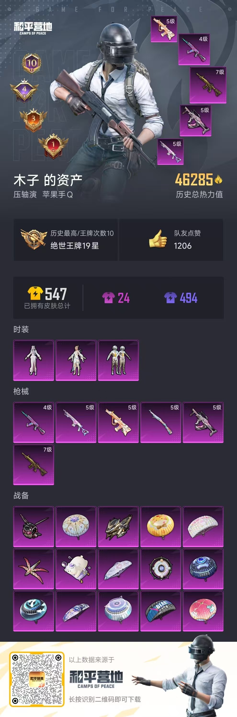 [9189751]3粉装 6特效枪 10印记 可二次 可修改实名 热门装扮：月影灵韵,冷漠罗丽,千面幻镜 稀有枪皮：Kar98K-巳巳如意,AUG-暖羊咩咩,GROZA-镜光银凌,14-甜梦熊击,M