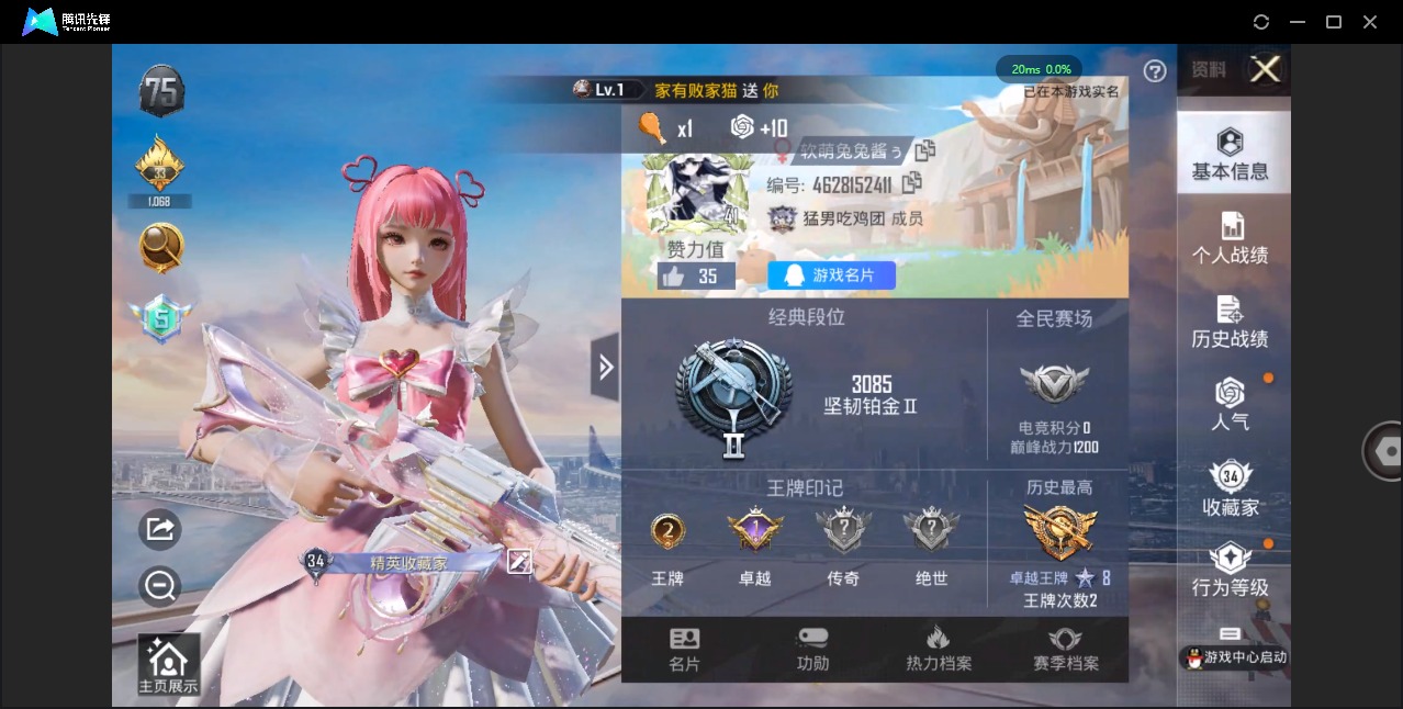 [9189992]2粉装 4特效枪 2印记 可二次 可修改实名 女号 热门装扮：幻彩电音,美雪 稀有枪皮：Kar98K-巳巳如意,AMR-智耀战神,AKM炫紫旋律,PKM江南烟雨 四级特效枪：四级A