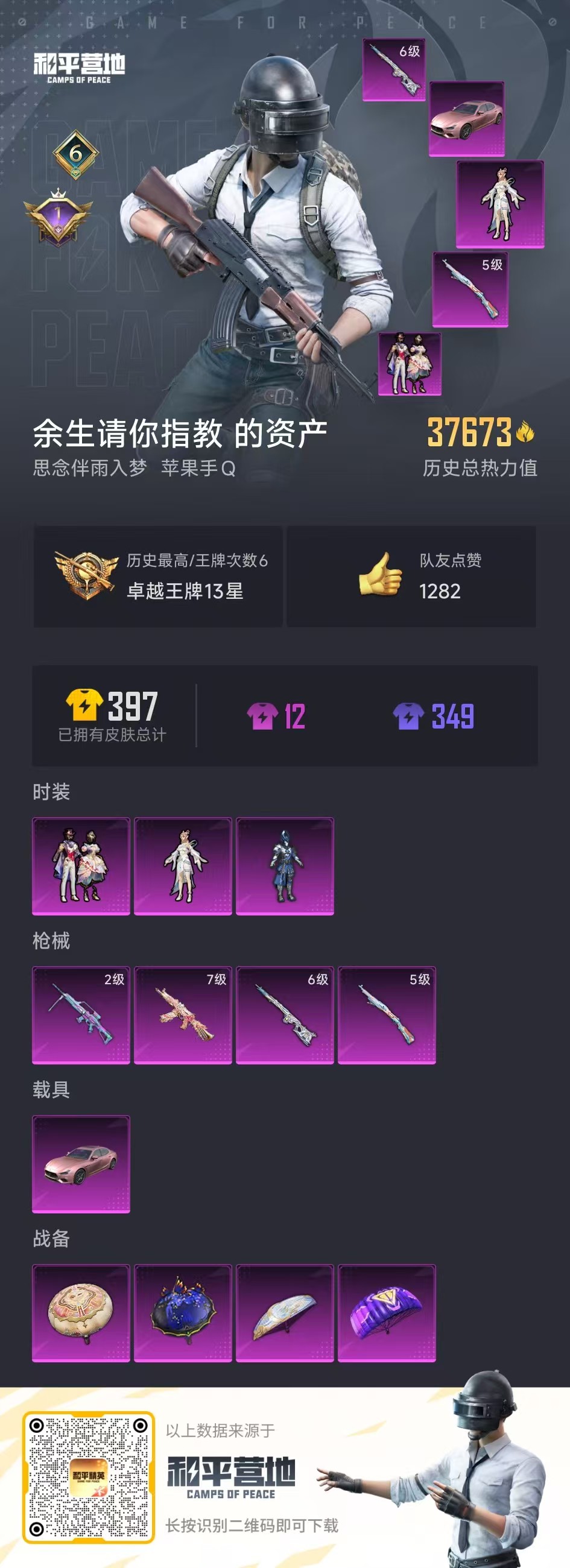 [9189997]3粉装 4特效枪 1载具 6印记 可二次 可修改实名 热门装扮：月影灵韵,星穹咏叹调,水曜玄武,奇迹天团 载具：玛莎拉蒂Ghibli(粉) 稀有枪皮：SVD-月影灵韵,Kar98K