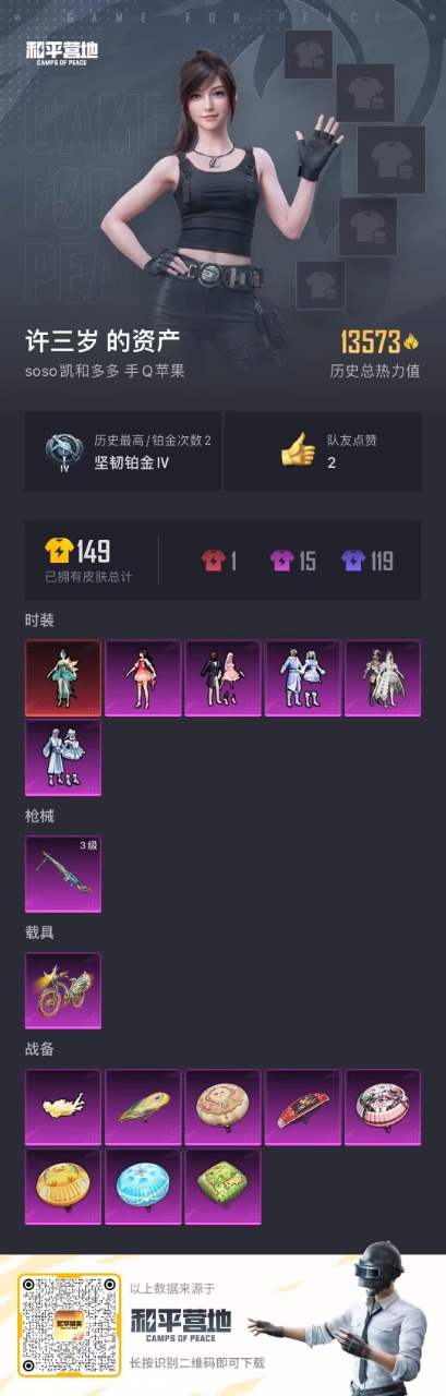 [9190578]1红装 5粉装 1特效枪 1载具 0印记 可二次 可修改实名 一级神装：一级辉羽雀灵-初翊 一级神装：一级辉羽雀灵-初翊 时装数：95 枪械数：32 战备数：1 热门装扮：冰霜白皇