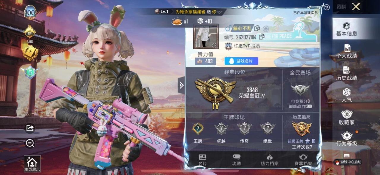 [9191138]8粉装 6特效枪 2载具 5印记 可二次 可修改实名 时装数：406 枪械数：187 战备数：2 热门装扮：恐龙拽拽,紫电风暴,赤焰黑爵,闪耀律动,橘柚倾心,第五大道,守护天翼,金