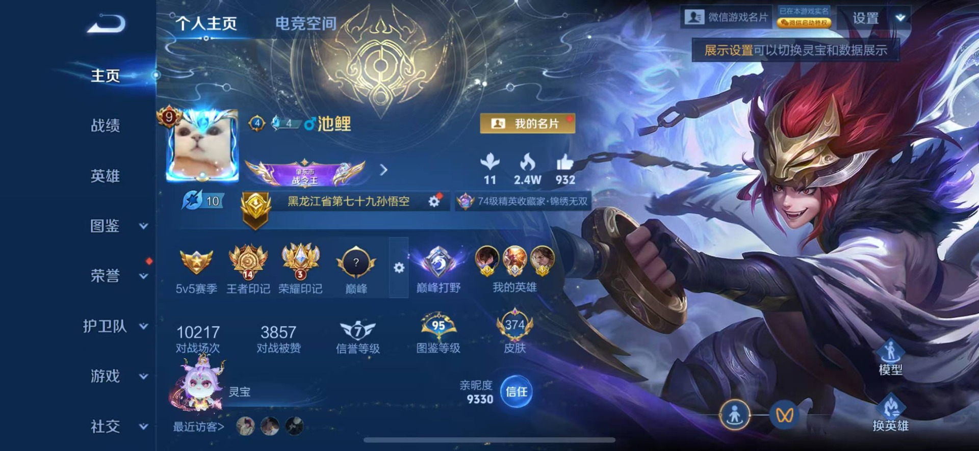 王者荣耀账号苹果VX 2珍品传说 43传说 124英雄 374皮肤 可修改实名 孙悟空小国标 荣耀水晶：鸣剑·曳影,九霄