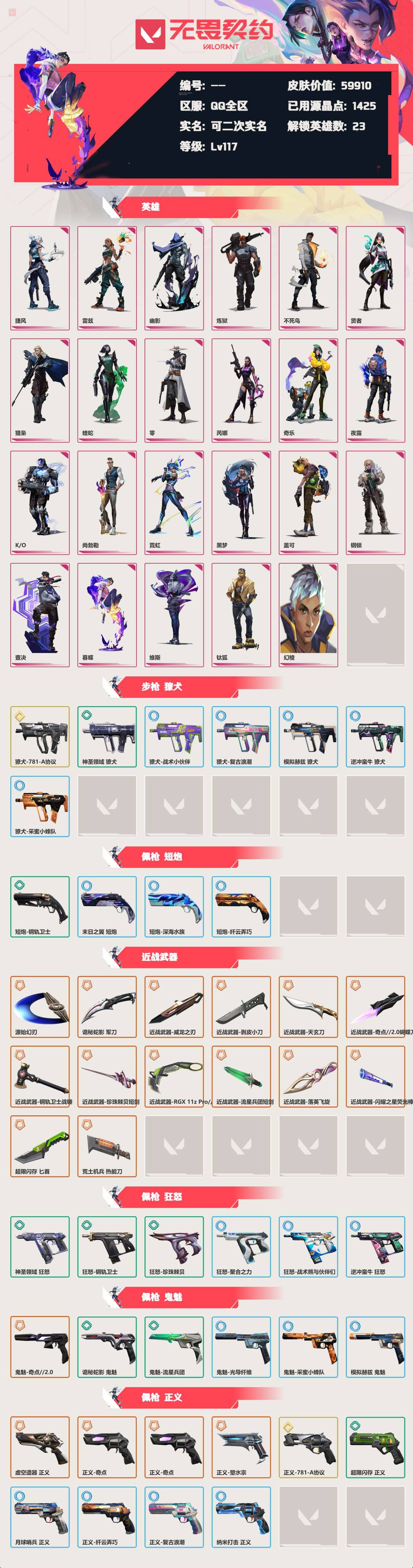 无畏契约账号QQ[10054384]Lv117 总皮肤134，刀皮14枪皮120(终极3传奇17卓越6)，套装2(传奇2)