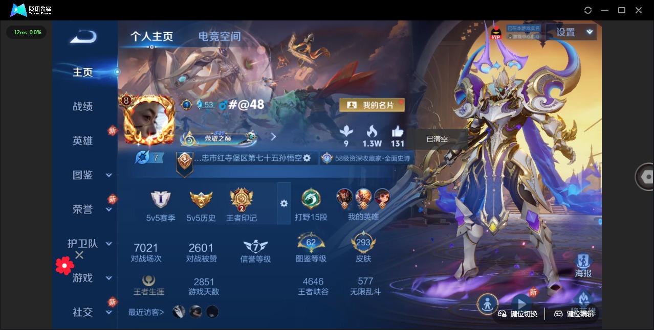 王者荣耀账号苹果QQ[12062837]V8 1典藏 2珍品传说 10传说 123英雄 293皮肤 可修改实名 优质装备