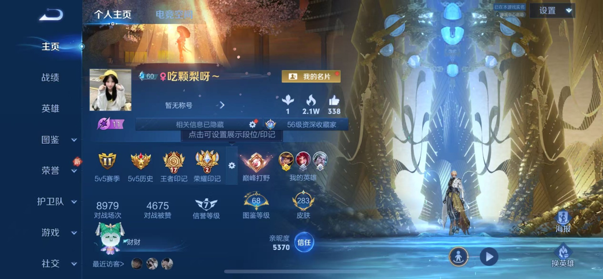 王者荣耀账号苹果QQ[12085317]V8 1典藏 20传说 124英雄 283皮肤 可修改实名 女号 优质装备:鸣剑