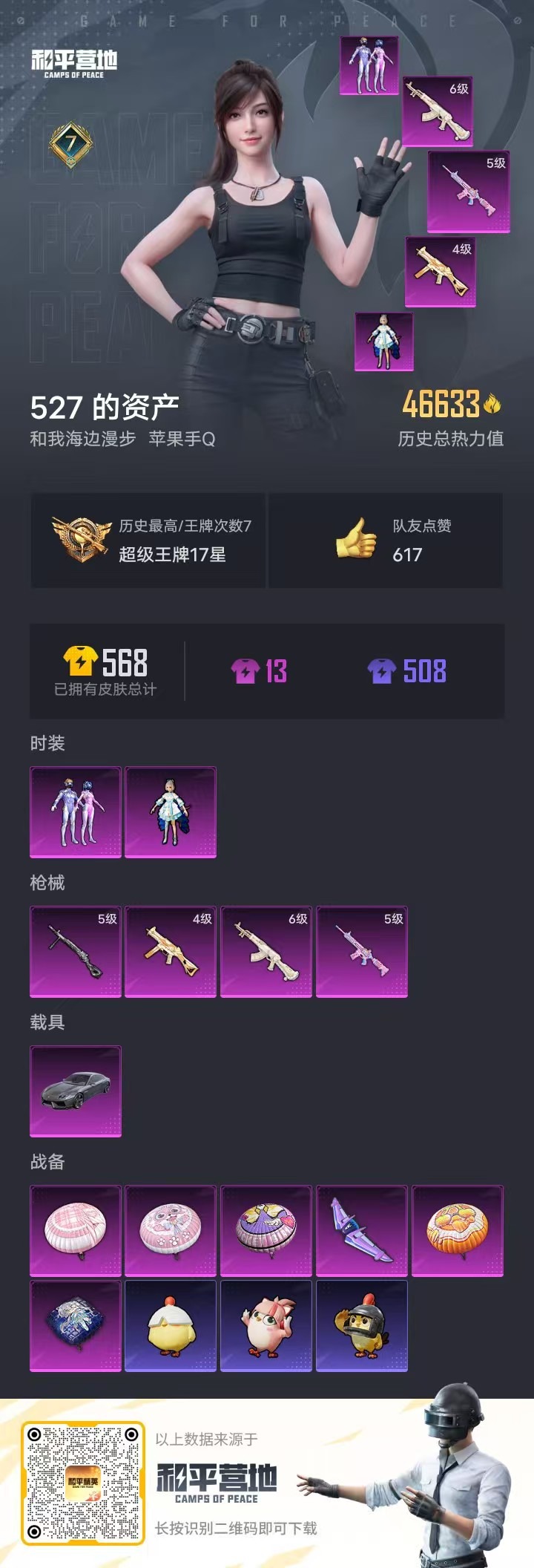 和平精英账号苹果QQ1载具-141套装-132枪皮-2粉装 4特效枪 1载具 7印记 可二次 可修改实名 
【热门装扮】