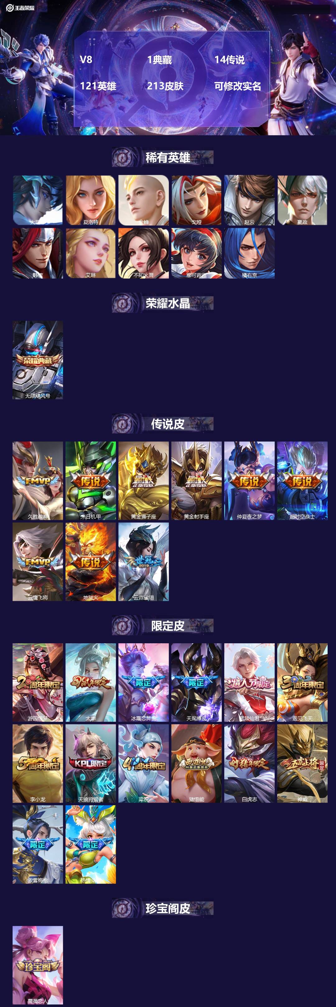 王者荣耀账号安卓QQ121英雄-213皮肤-V8 1典藏 14传说 121英雄 213皮肤 可修改实名 
【英雄全皮】: