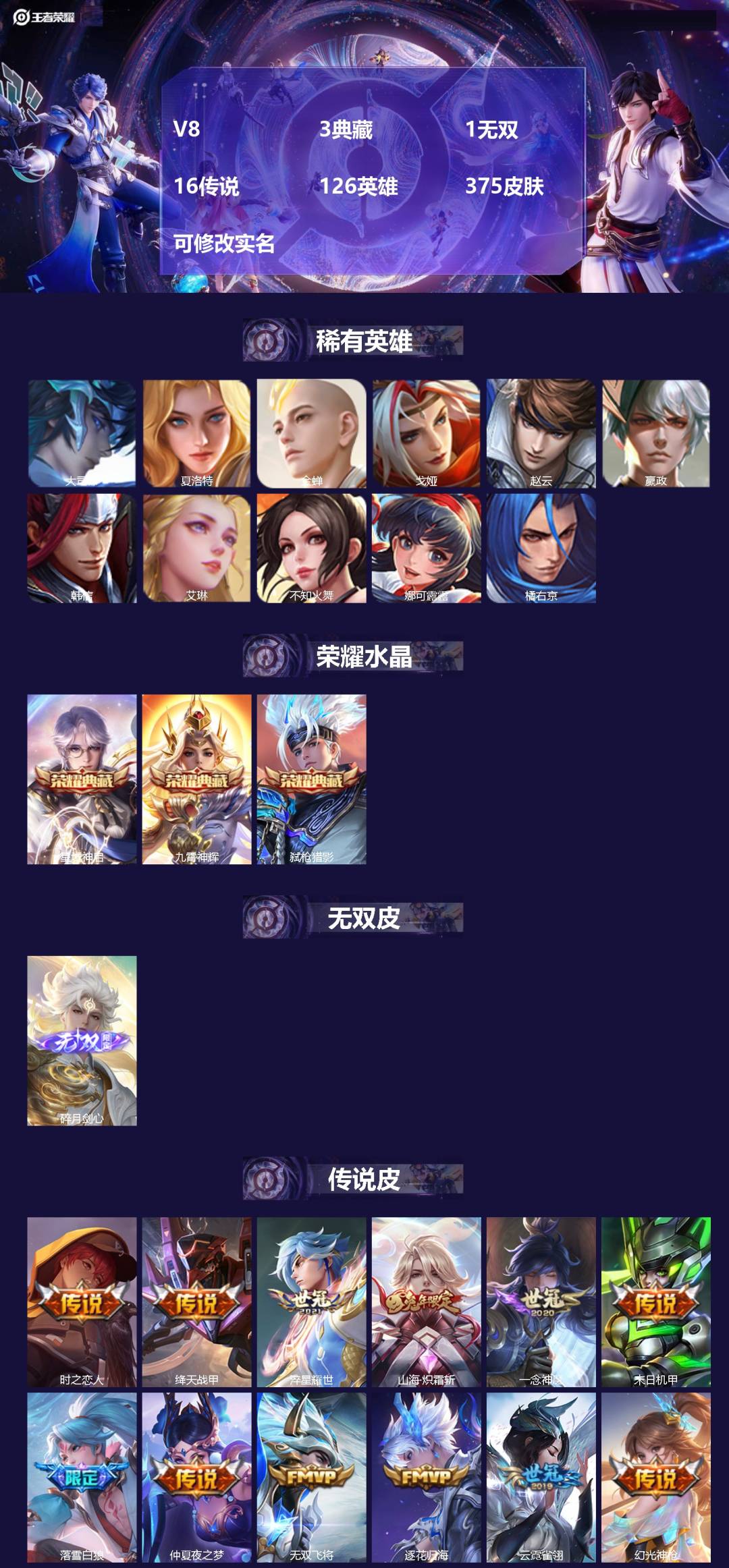 王者荣耀账号安卓QQ126英雄-375皮肤-V8 3典藏 1无双 16传说 126英雄 375皮肤 可修改实名 
【英雄