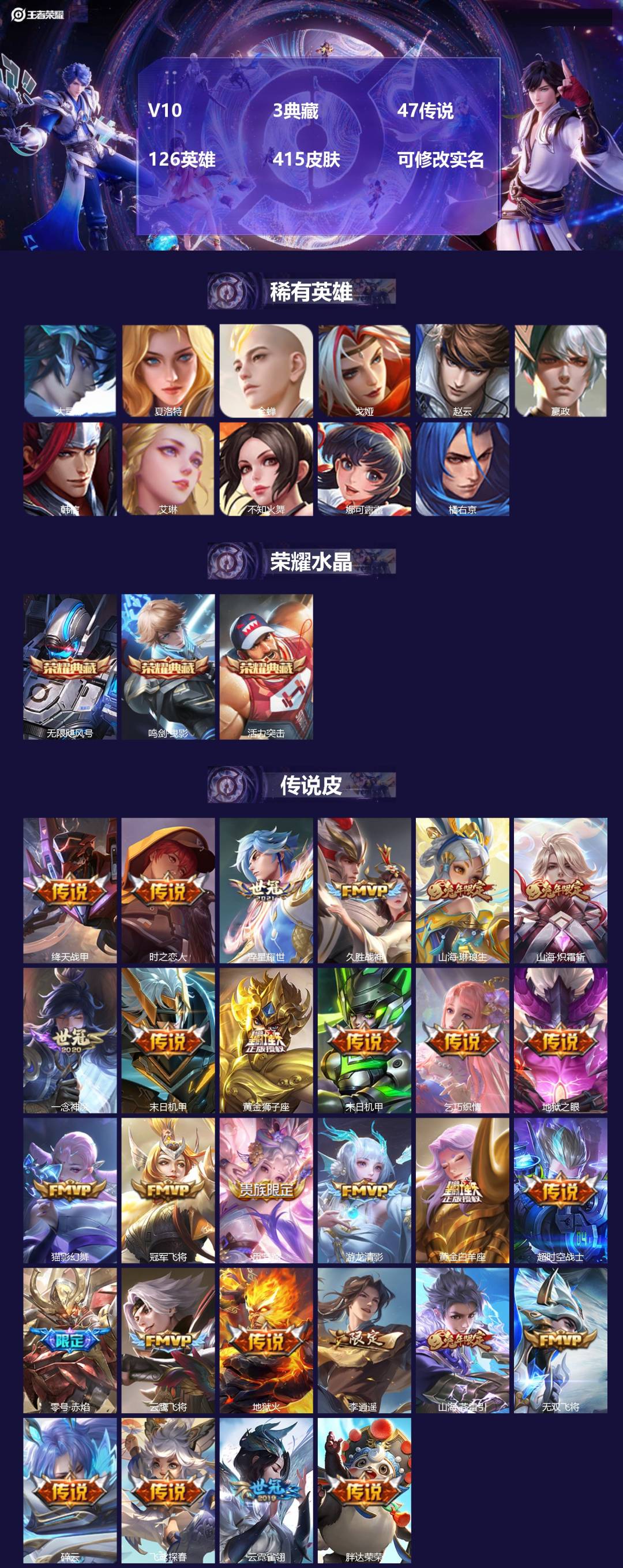 王者荣耀账号安卓QQ126英雄-415皮肤-V10 3典藏 47传说 126英雄 415皮肤 可修改实名 
【英雄全皮】