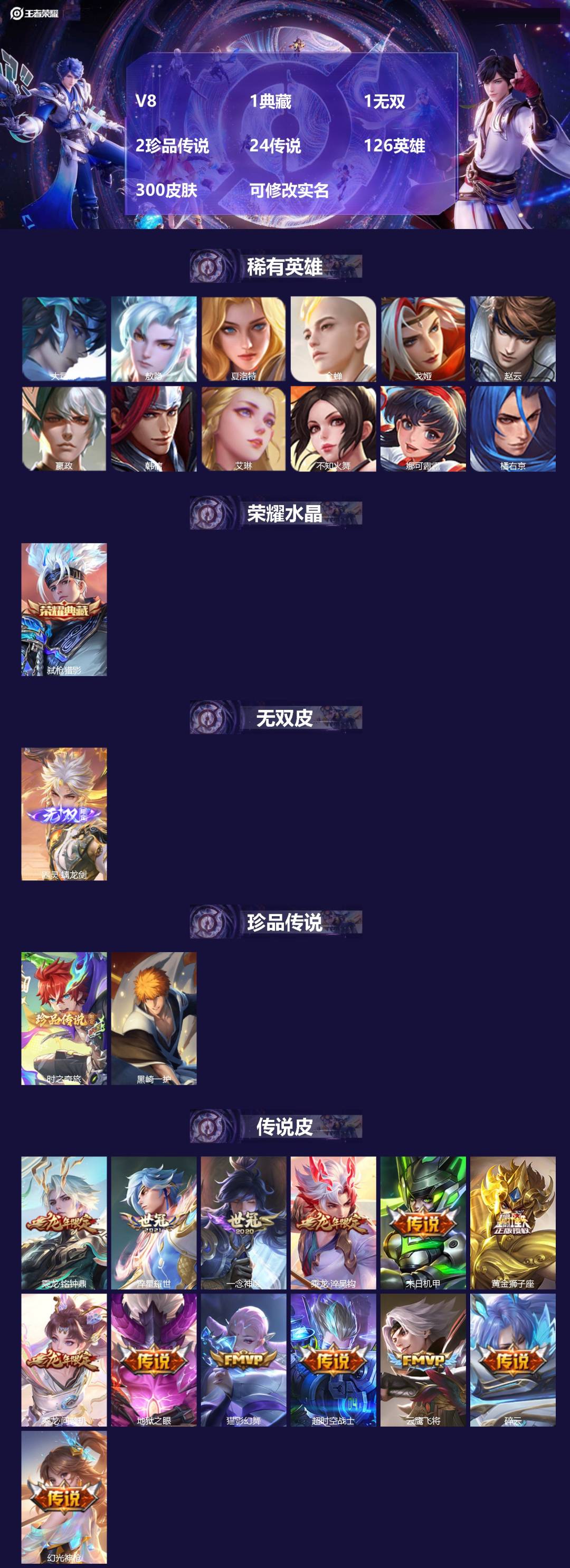 王者荣耀账号安卓QQ126英雄-300皮肤-V8 1典藏 1无双 2珍品传说 24传说 126英雄 300皮肤 可修改实