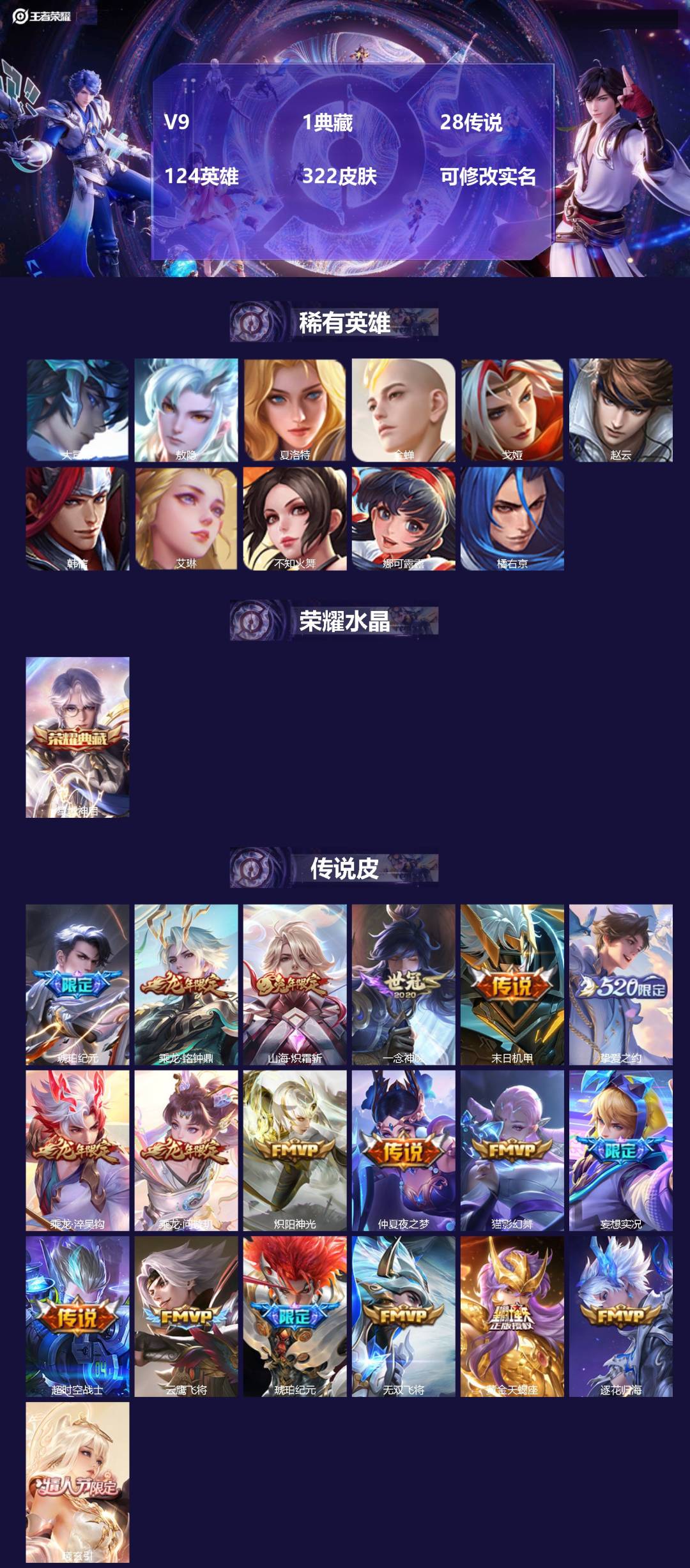 王者荣耀账号安卓QQ124英雄-322皮肤-V9 1典藏 28传说 124英雄 322皮肤 可修改实名 
【英雄全皮】: