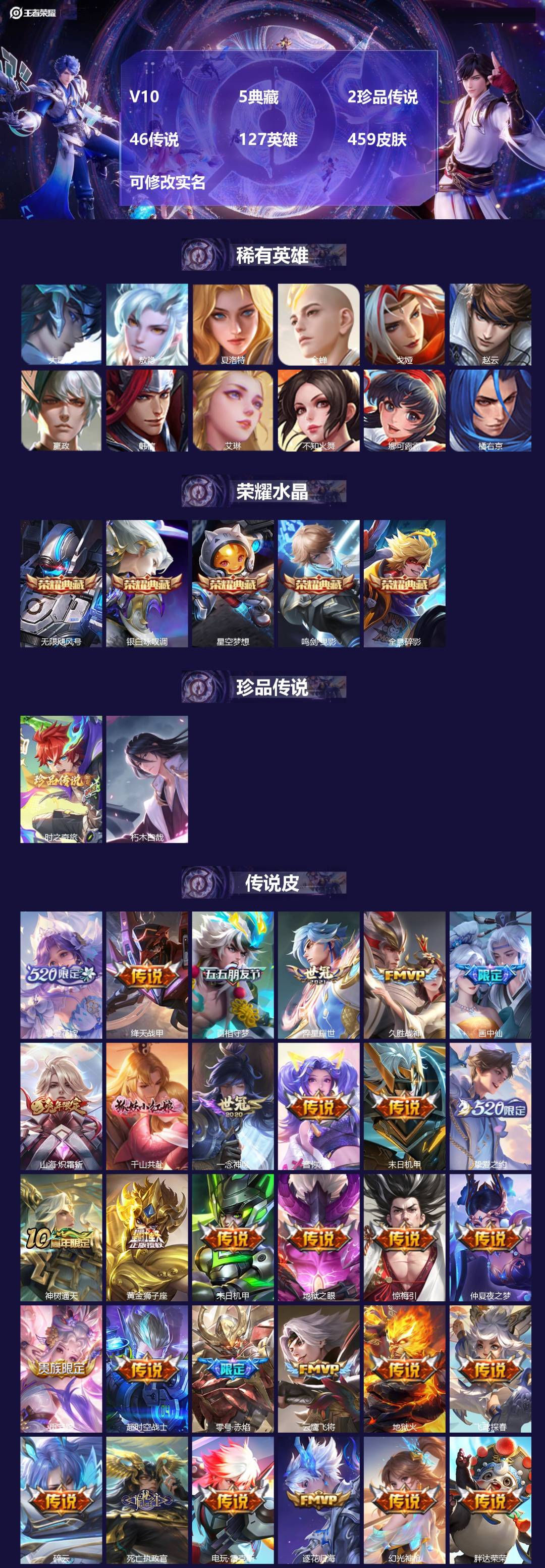 王者荣耀账号安卓QQ127英雄-459皮肤-V10 5典藏 2珍品传说 46传说 127英雄 459皮肤 可修改实名 
