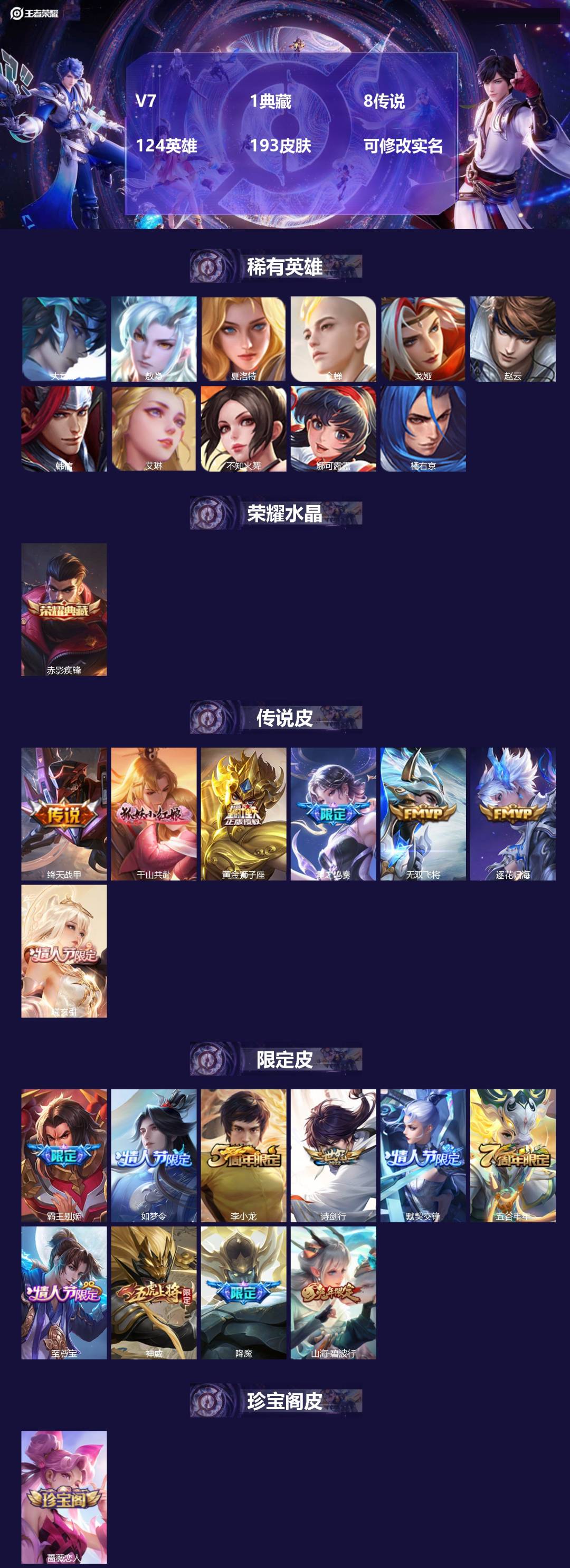 王者荣耀账号安卓QQ124英雄-193皮肤-V7 1典藏 8传说 124英雄 193皮肤 可修改实名 
【大国标】:大国