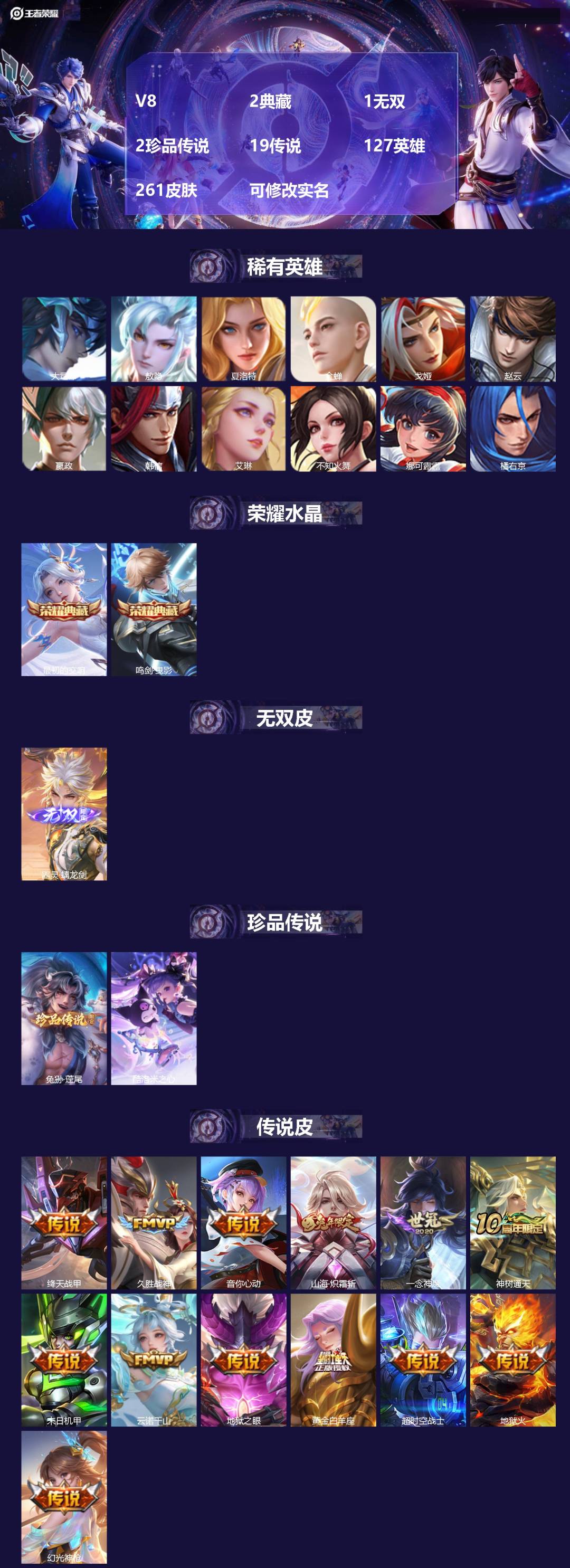王者荣耀账号苹果QQ127英雄-261皮肤-V8 2典藏 1无双 2珍品传说 19传说 127英雄 261皮肤 可修改实