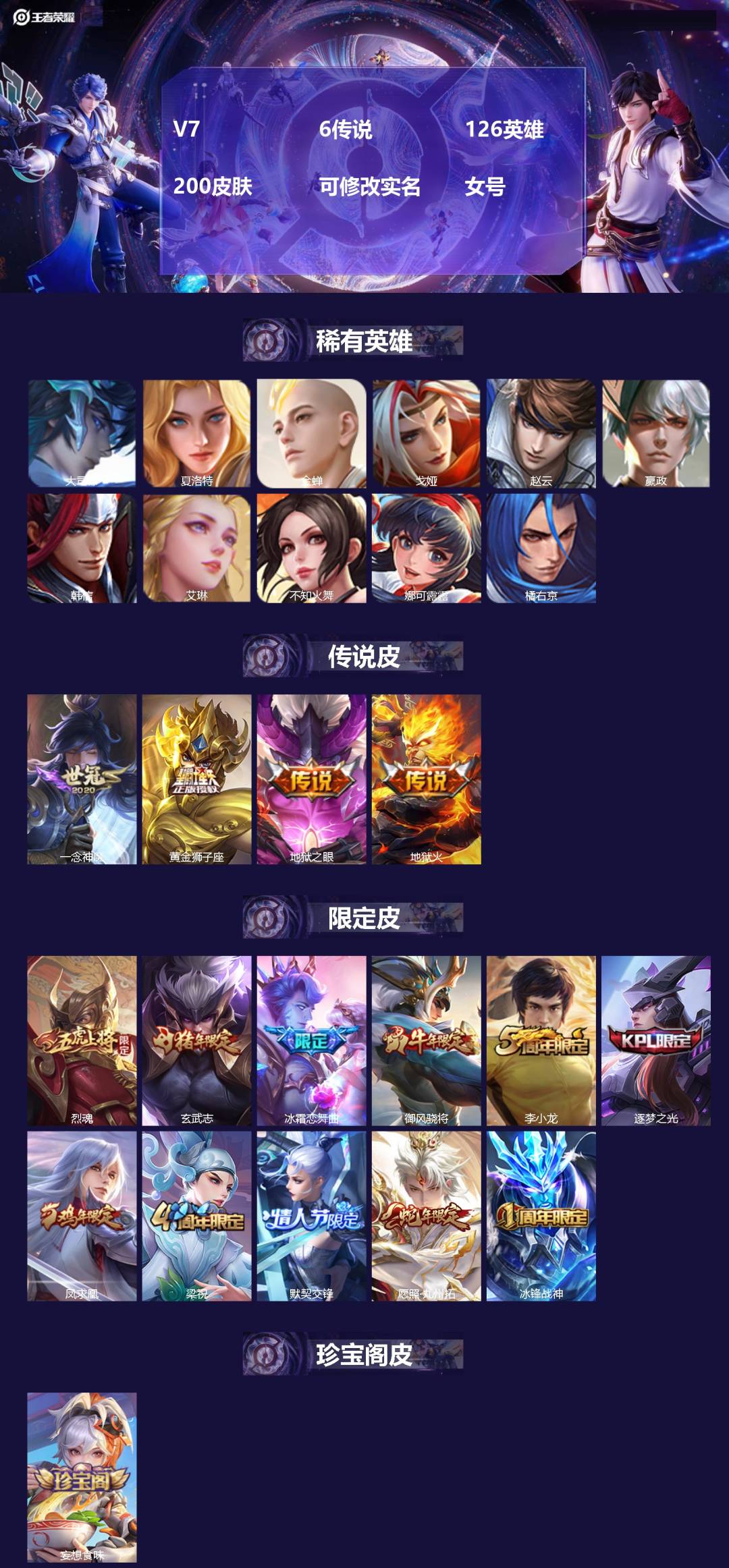 王者荣耀账号安卓QQ126英雄-200皮肤-V7 6传说 126英雄 200皮肤 可修改实名 女号
【英雄全皮】:海诺全