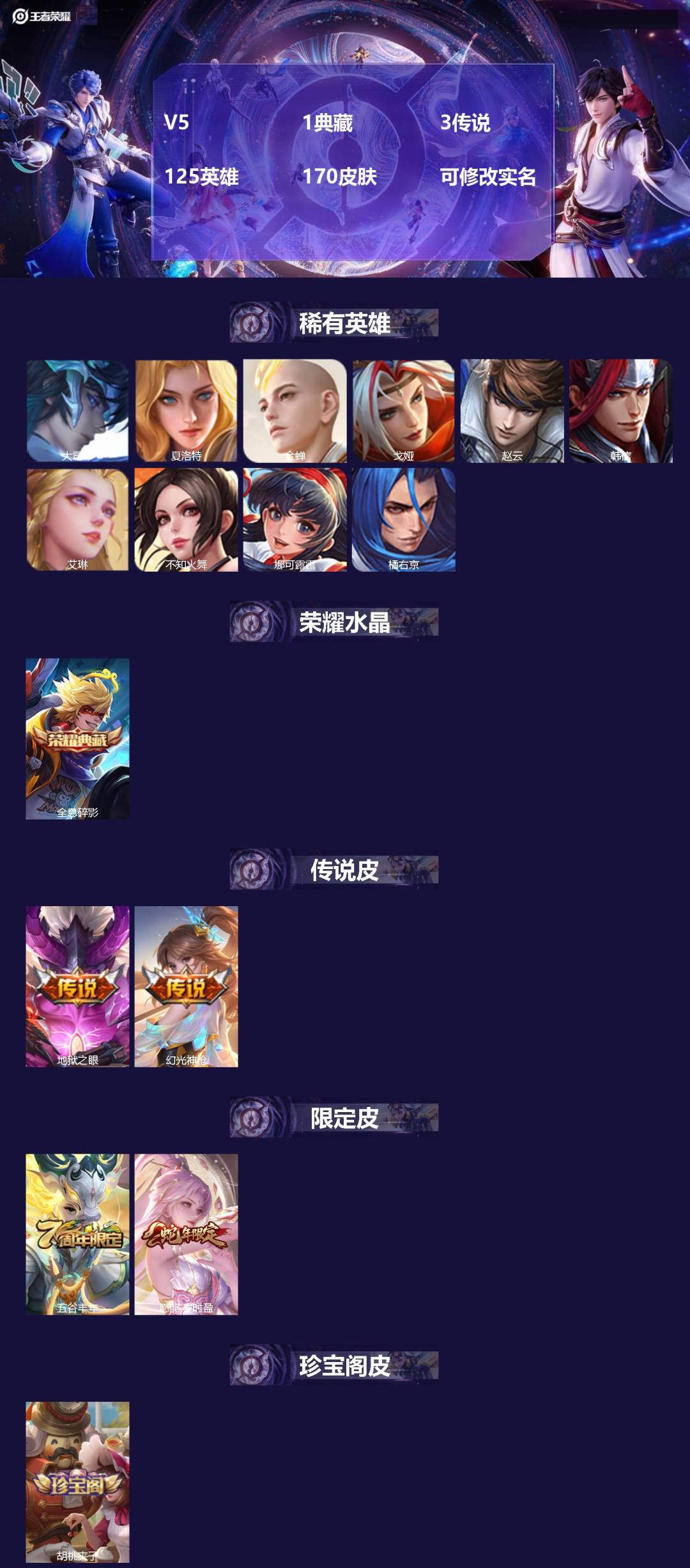 王者荣耀账号安卓QQ125英雄-170皮肤-V5 1典藏 3传说 125英雄 170皮肤 可修改实名 
【稀有英雄】:大