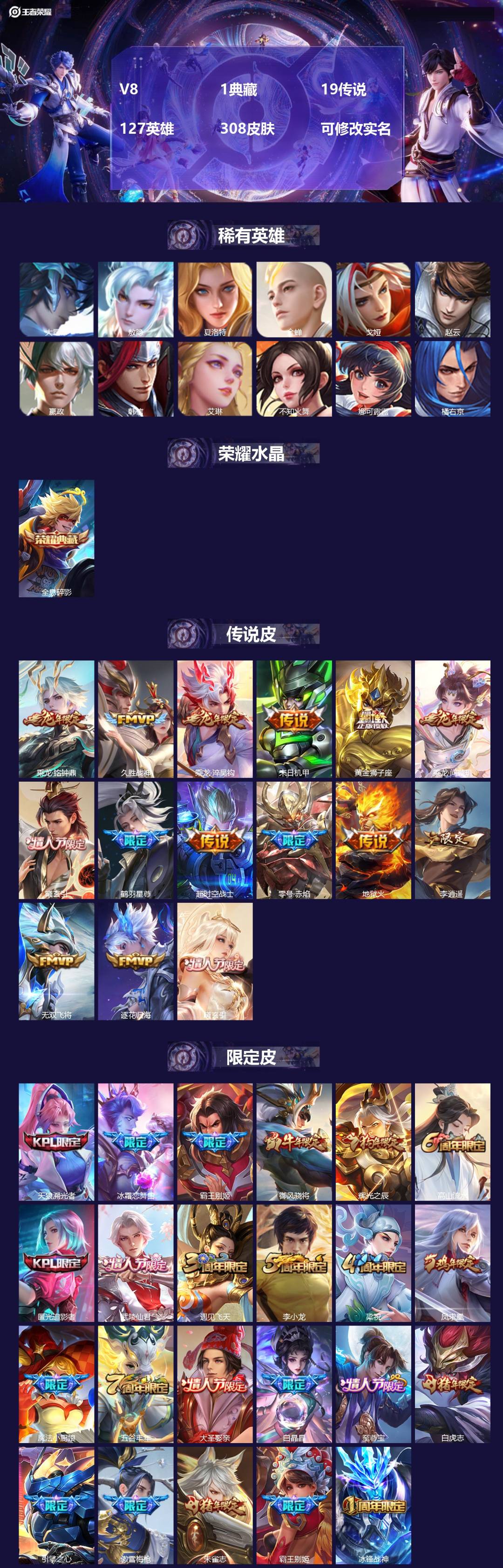 王者荣耀账号安卓QQ127英雄-308皮肤-V8 1典藏 19传说 127英雄 308皮肤 可修改实名 
【英雄全皮】: