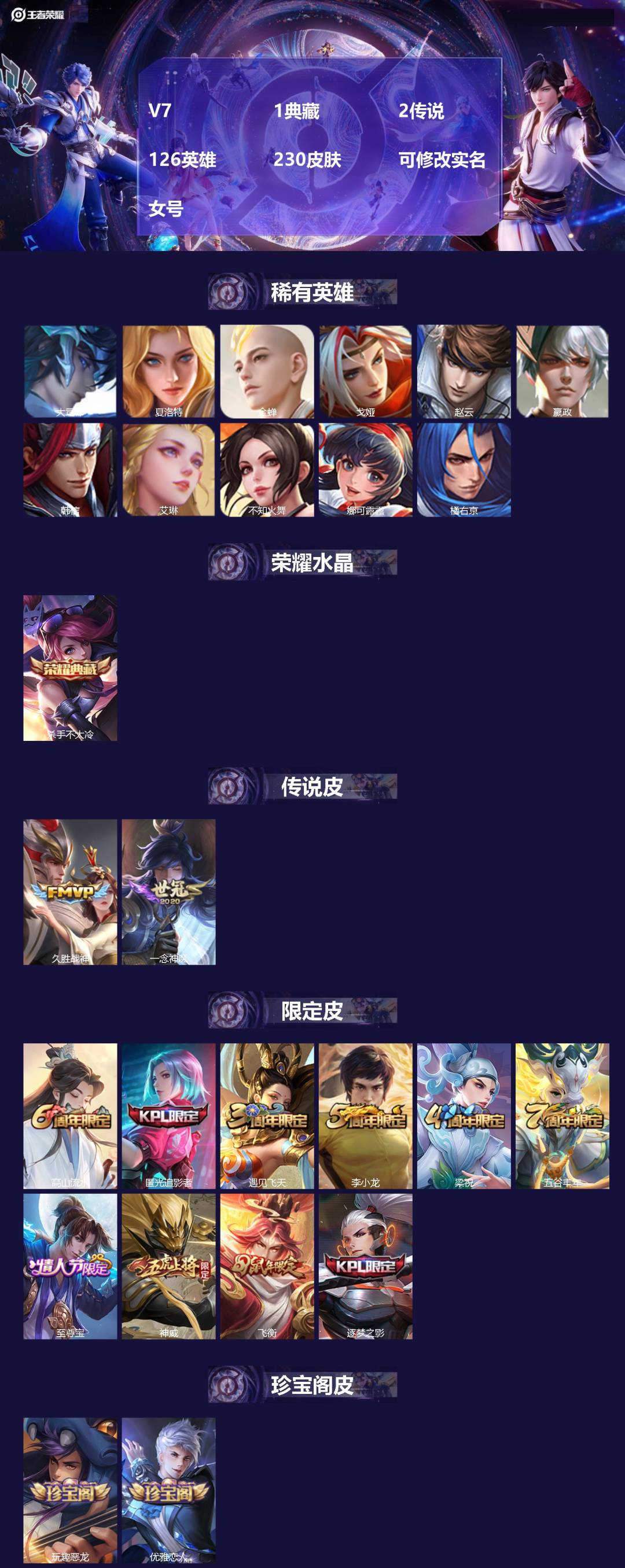 王者荣耀账号安卓QQ[13451351]V7 1典藏 2传说 126英雄 230皮肤 可修改实名 女号
【稀有英雄】:大