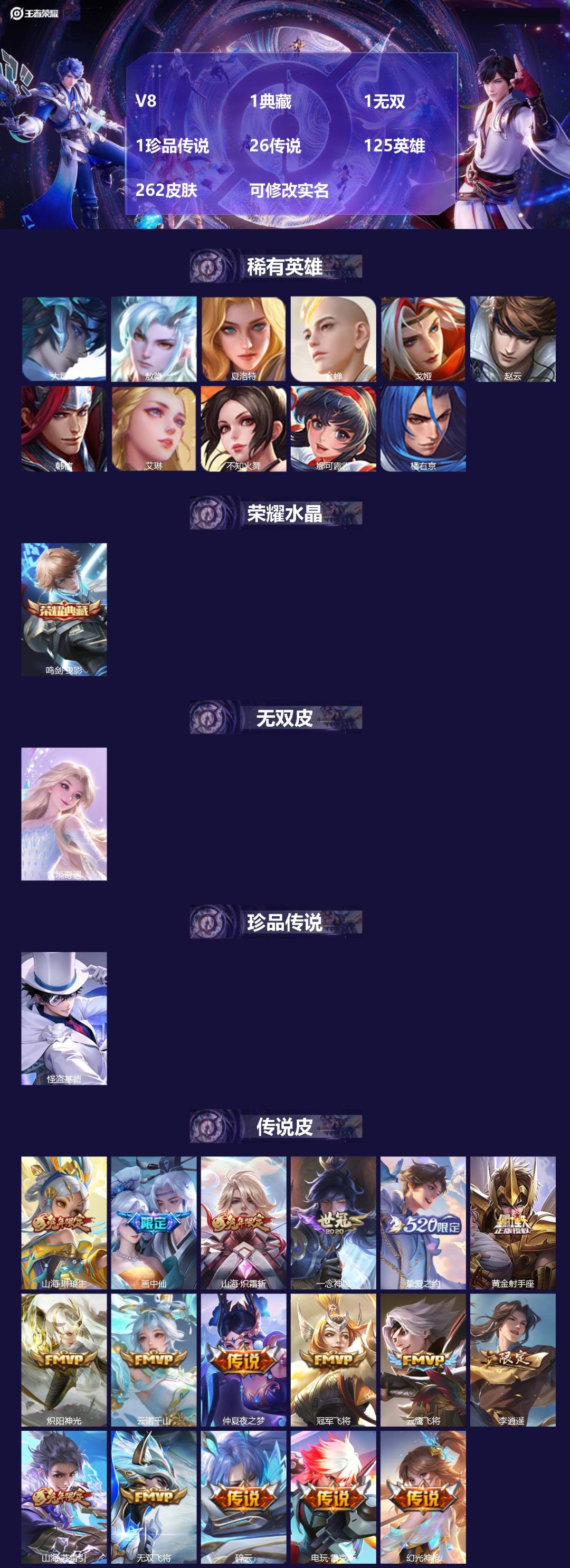 王者荣耀账号安卓QQ125英雄-262皮肤-V8 1典藏 1无双 1珍品传说 26传说 125英雄 262皮肤 可修改实