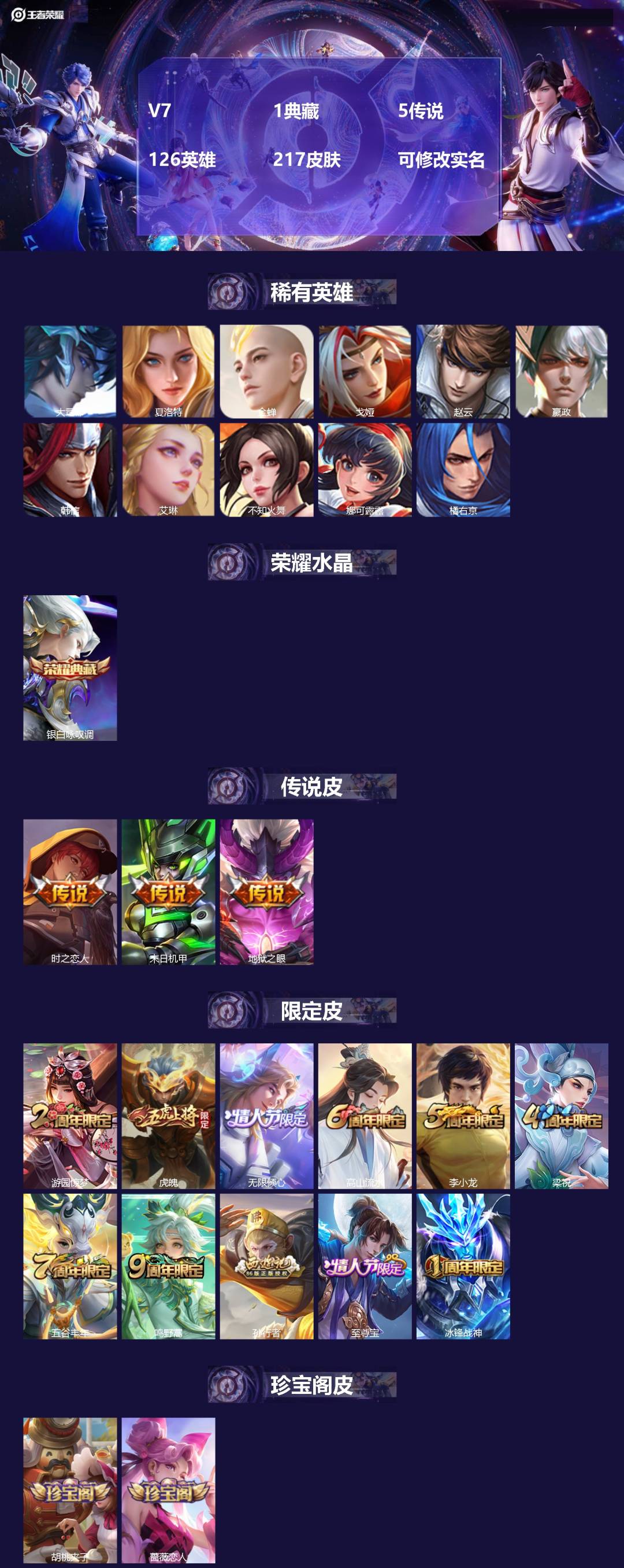 王者荣耀账号安卓QQ126英雄-217皮肤-V7 1典藏 5传说 126英雄 217皮肤 可修改实名 
【稀有英雄】:大