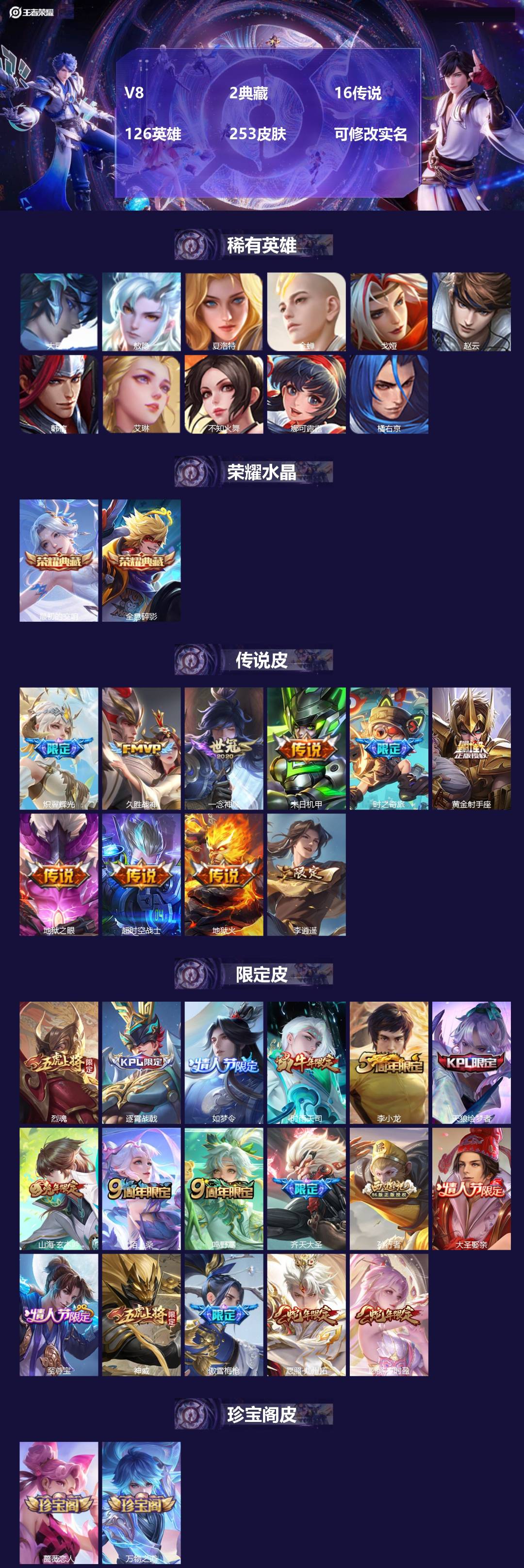 王者荣耀账号苹果QQ126英雄-253皮肤-V8 2典藏 16传说 126英雄 253皮肤 可修改实名 
【英雄全皮】: