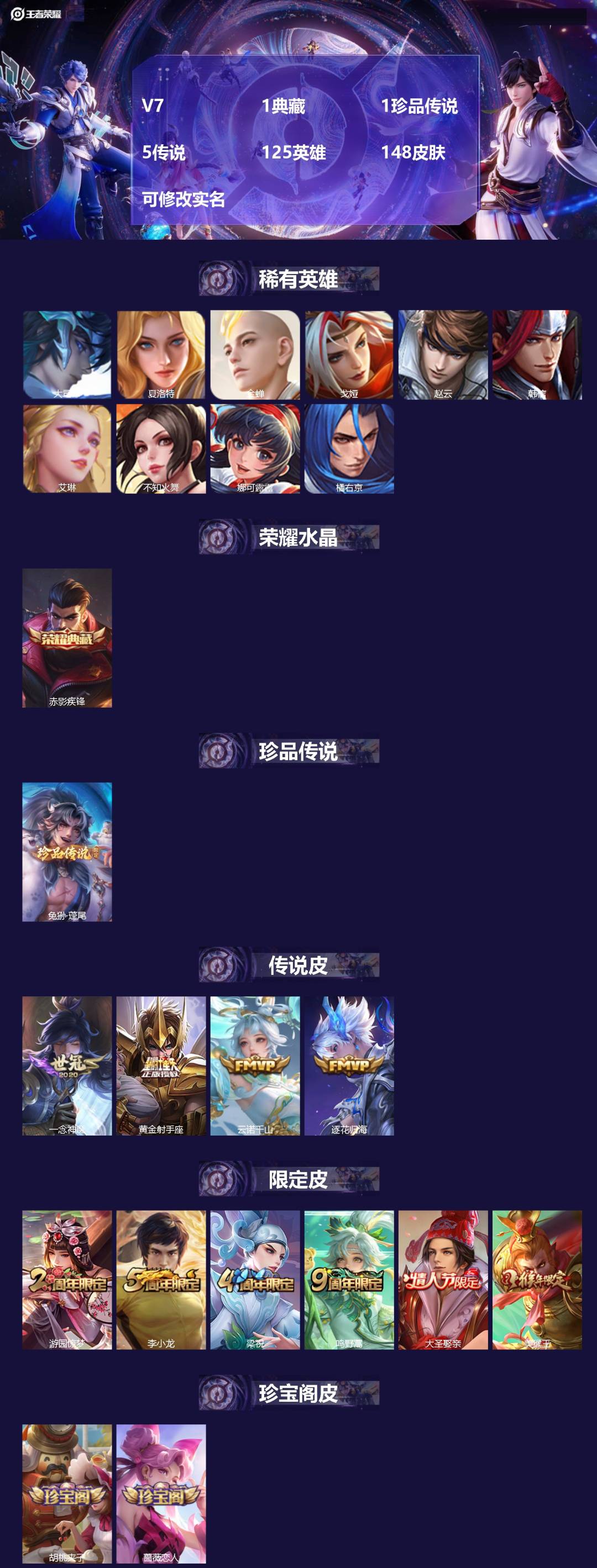 王者荣耀账号安卓QQ125英雄-148皮肤-V7 1典藏 1珍品传说 5传说 125英雄 148皮肤 可修改实名 
【稀